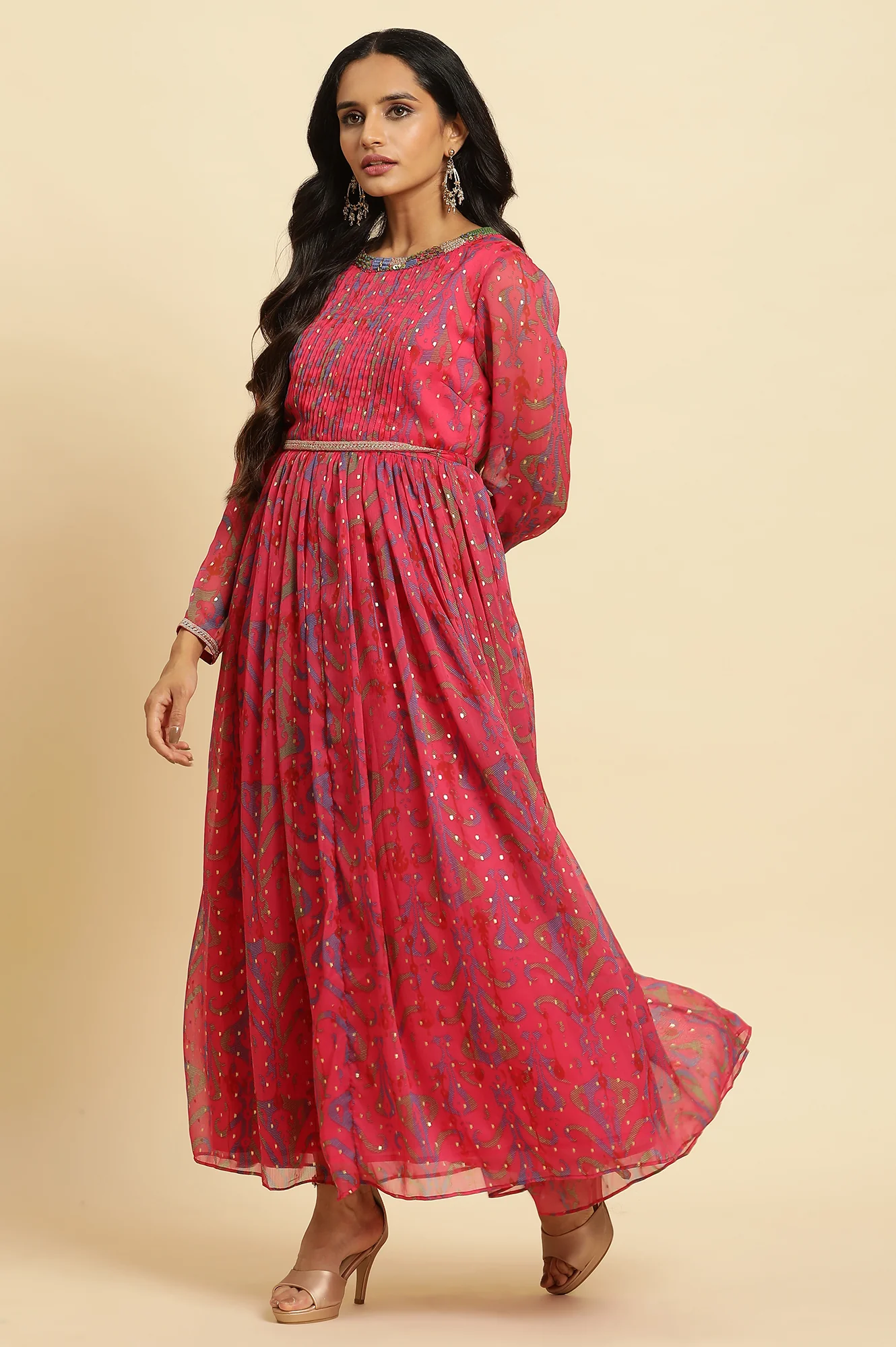 Pink Ikkat Printed Embellished Dress - Image 3