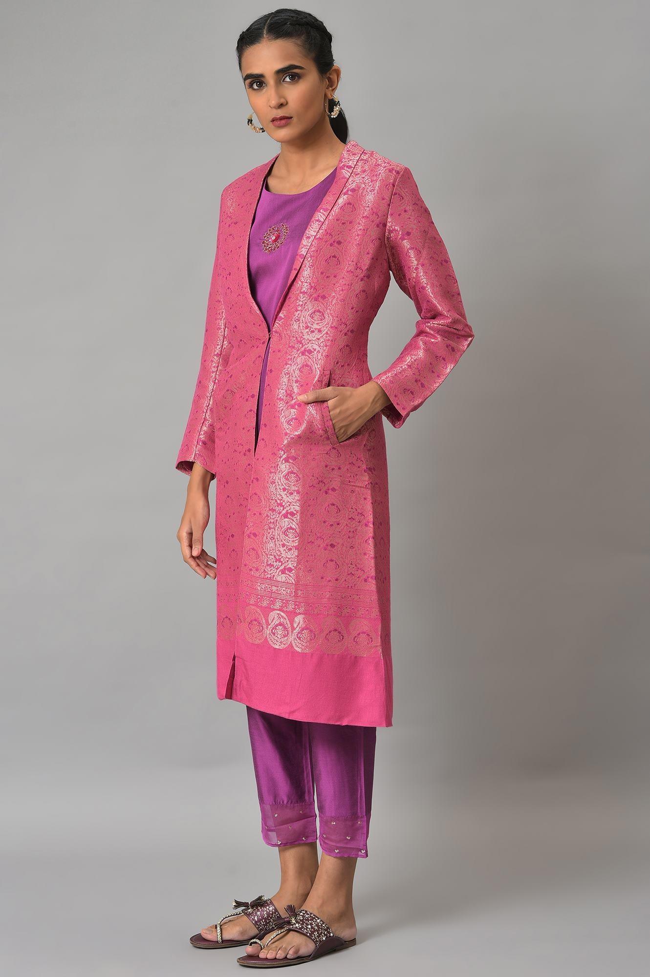 Pink Jacquard Jacket, Purple kurta & Pant Suit Set - Image 3