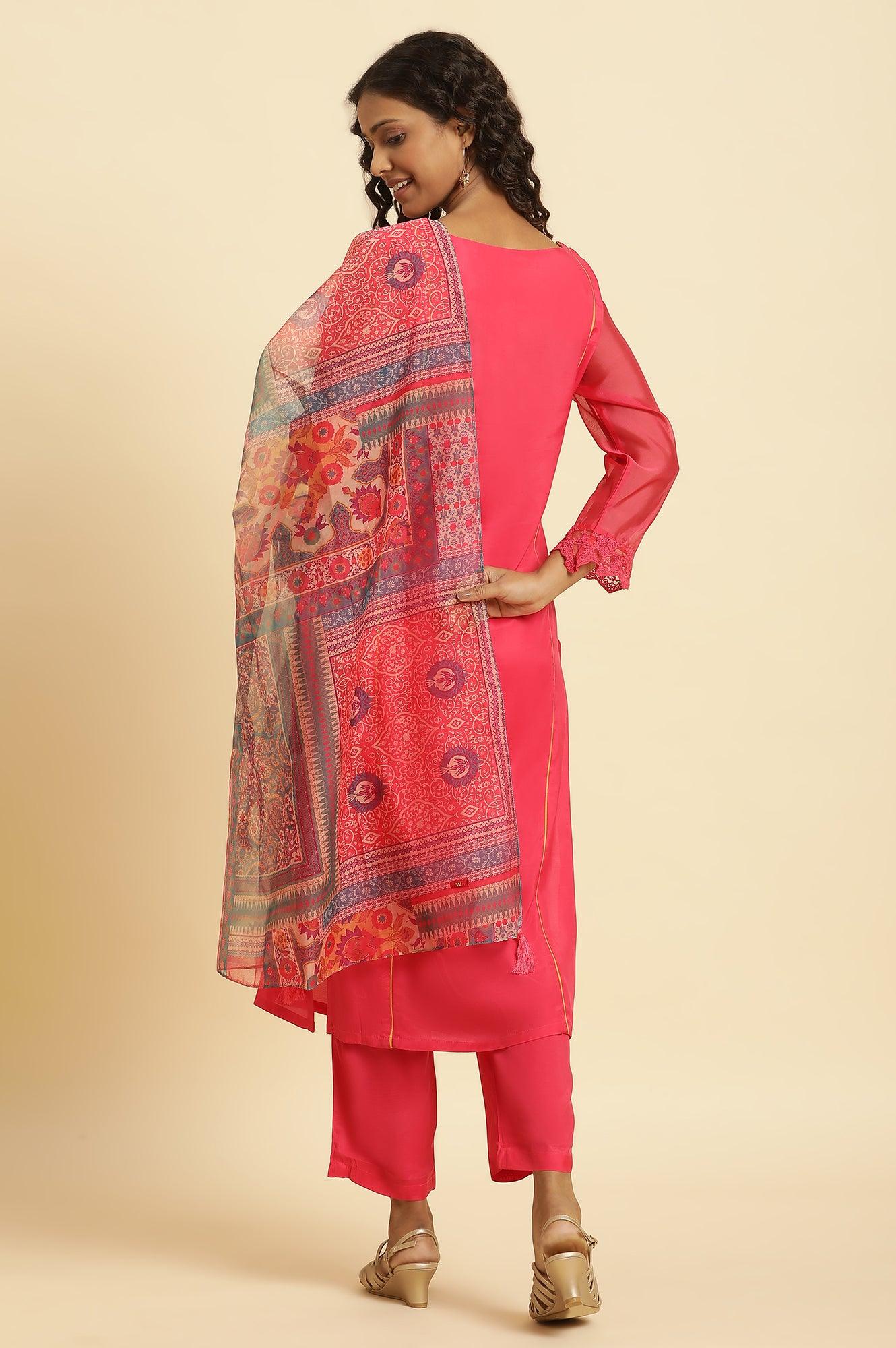 Pink Lace Work Kurta, Pants And Dupatta Set - Image 4