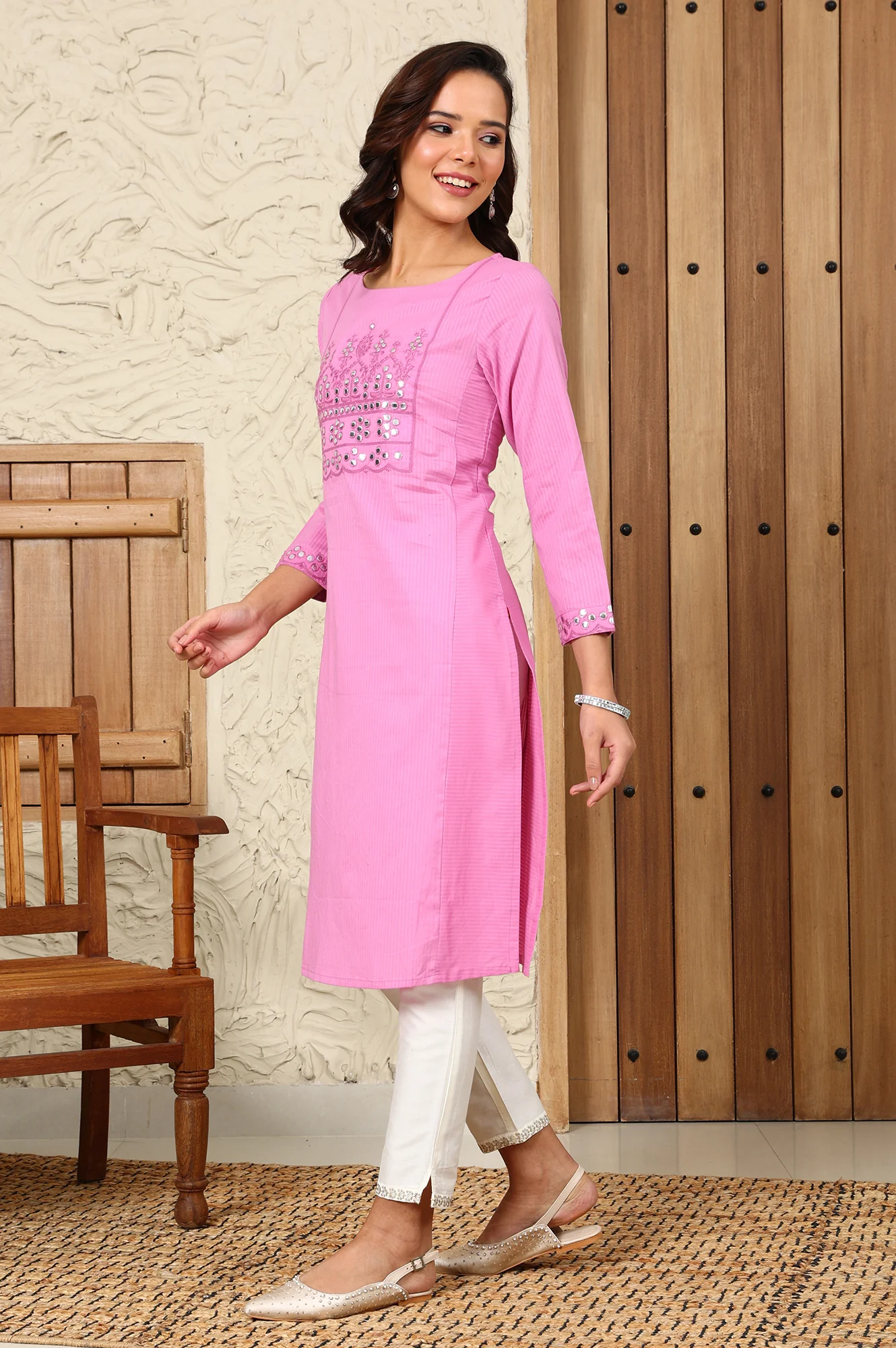 Pink Mirror Work Pure Cotton Straight Kurta - Image 4