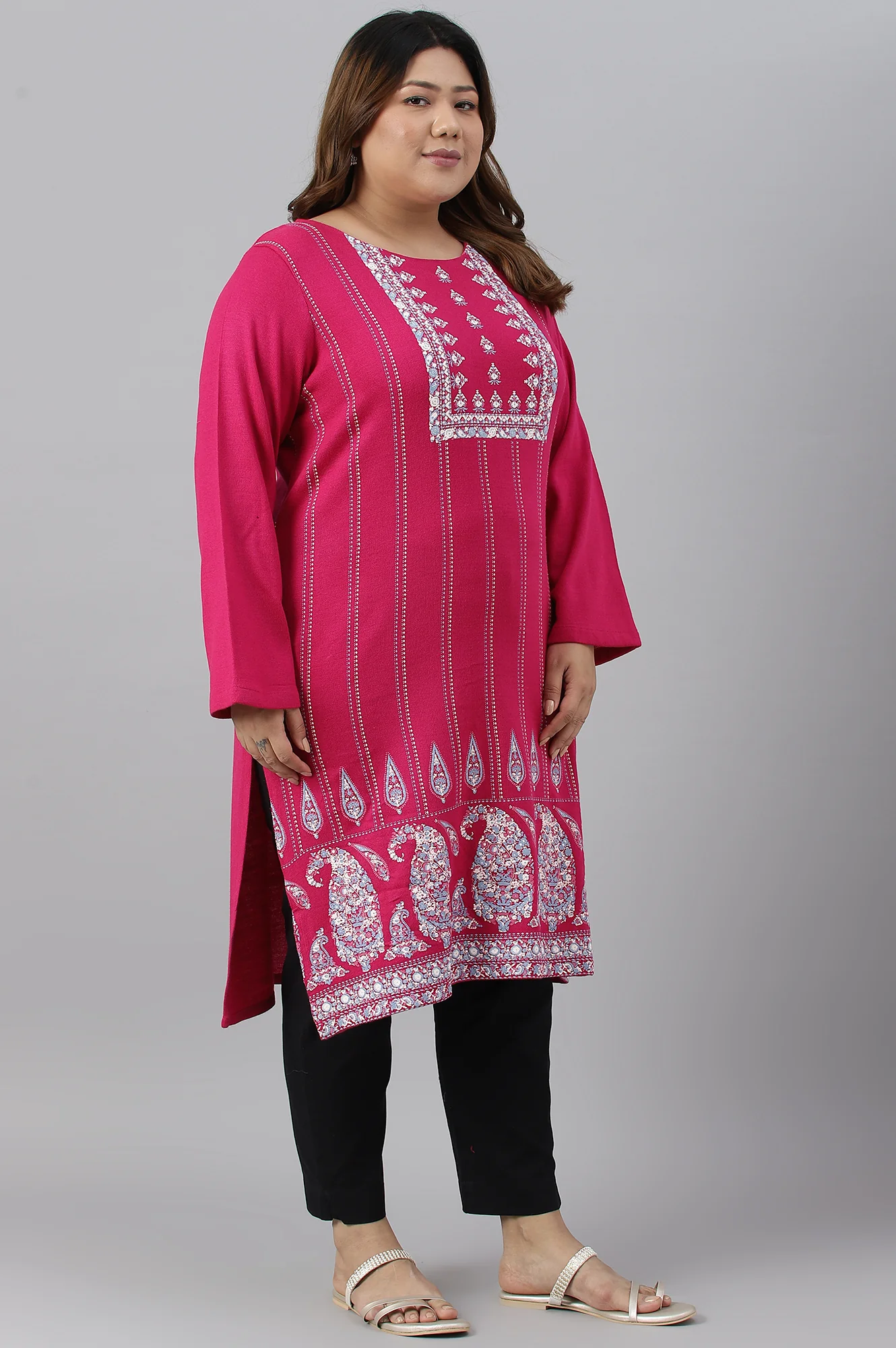 Pink Paisley Print Plus Size Winter kurta - Image 3