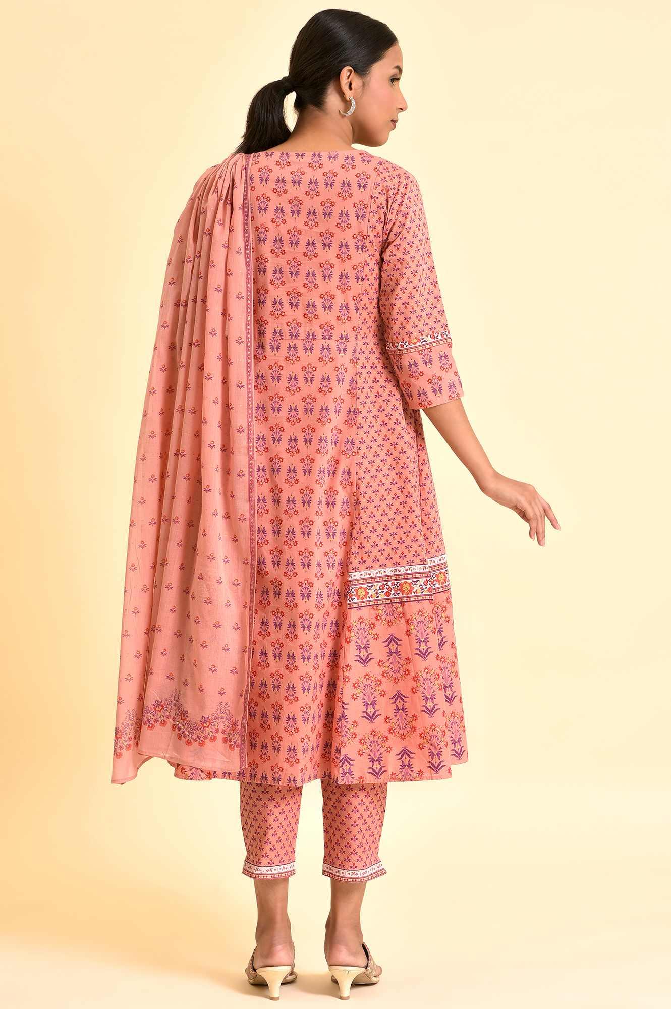 Pink Printed A-Line Kurta, Pants And Dupatta Set - Image 3