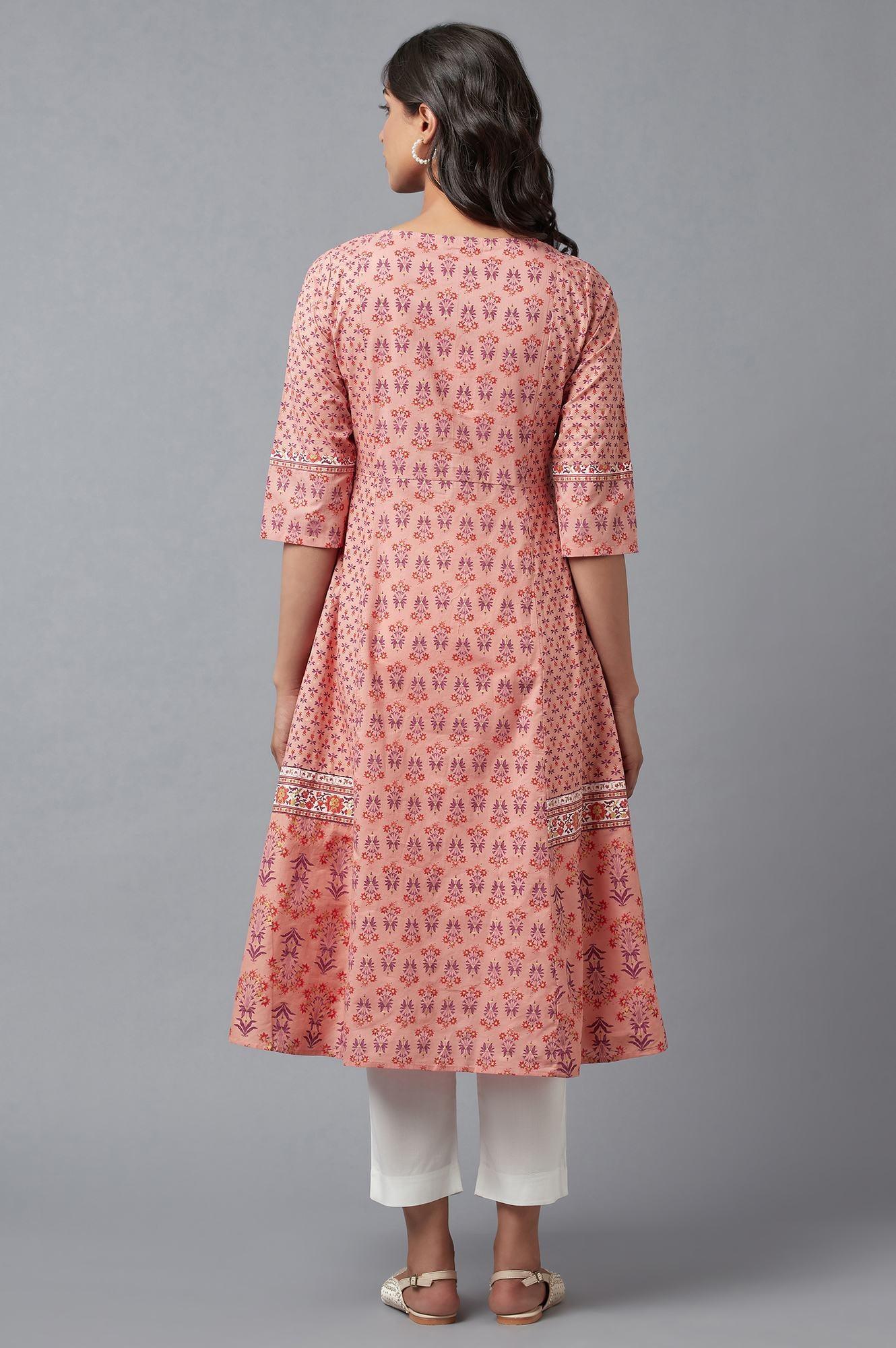 Pink Printed A-Line kurta With Thread Embroidery - Image 2