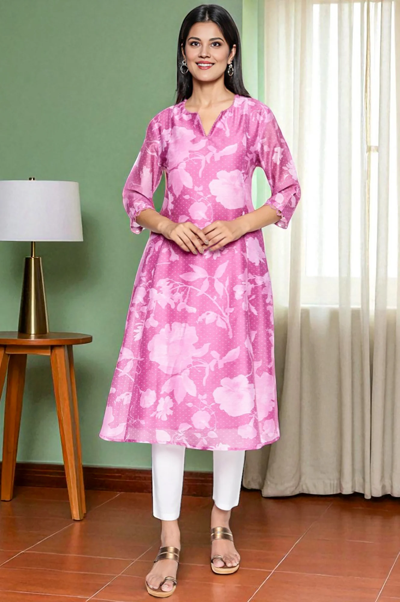 Pink Printed Chanderi Flared Kurta - Image 2