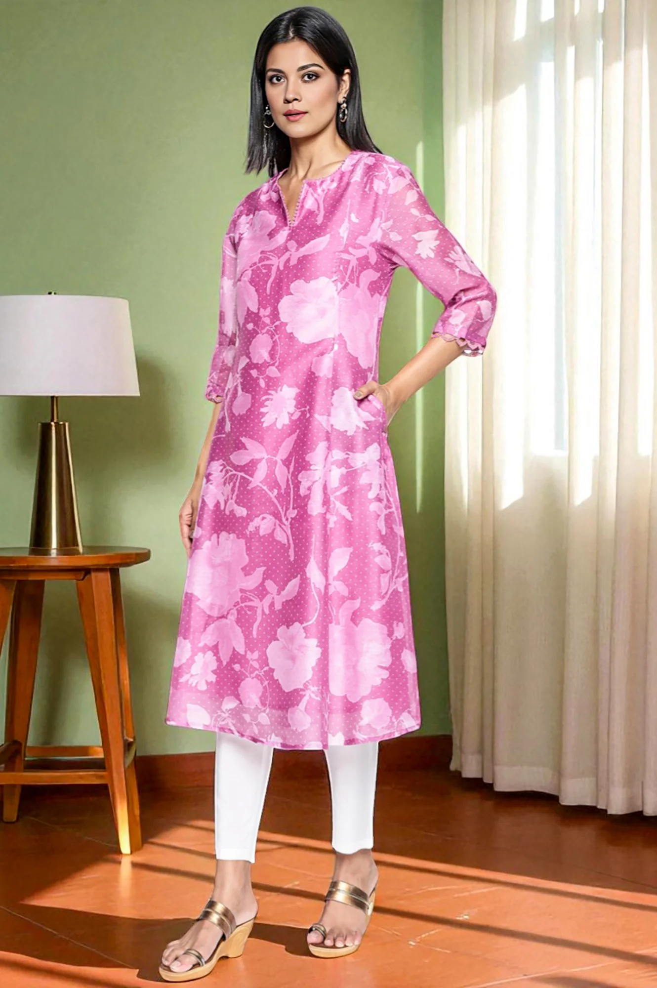Pink Printed Chanderi Flared Kurta - Image 4