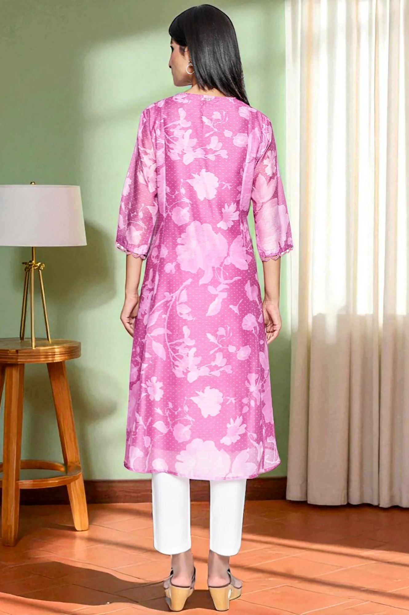 Pink Printed Chanderi Flared Kurta - Image 5