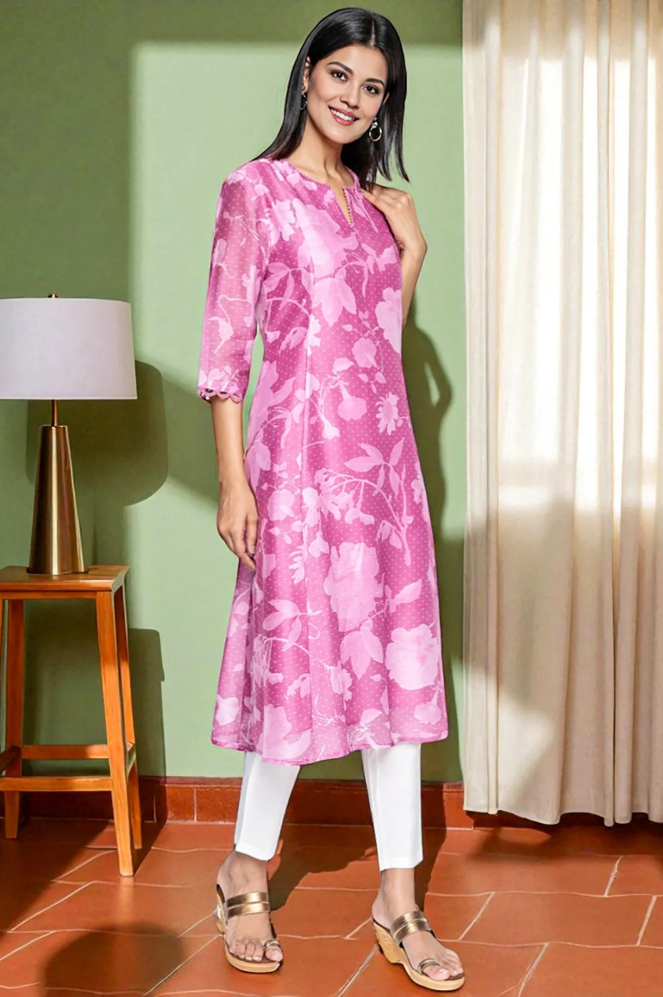 Pink Printed Chanderi Flared Kurta - Image 6