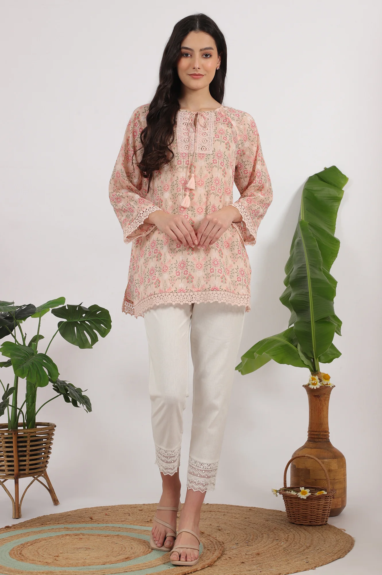 Pink Printed Cotton Crepe Top with Crochet Lace - Image 3