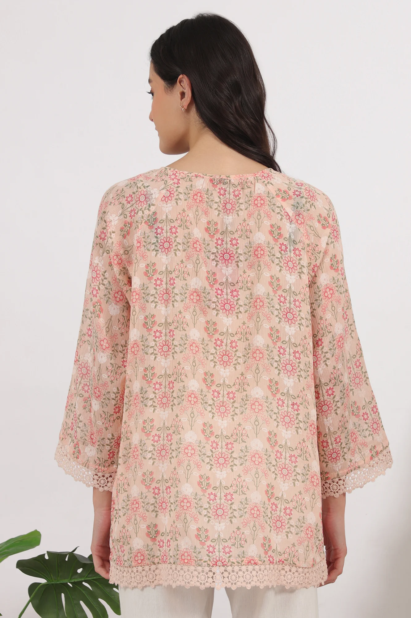 Pink Printed Cotton Crepe Top with Crochet Lace - Image 6