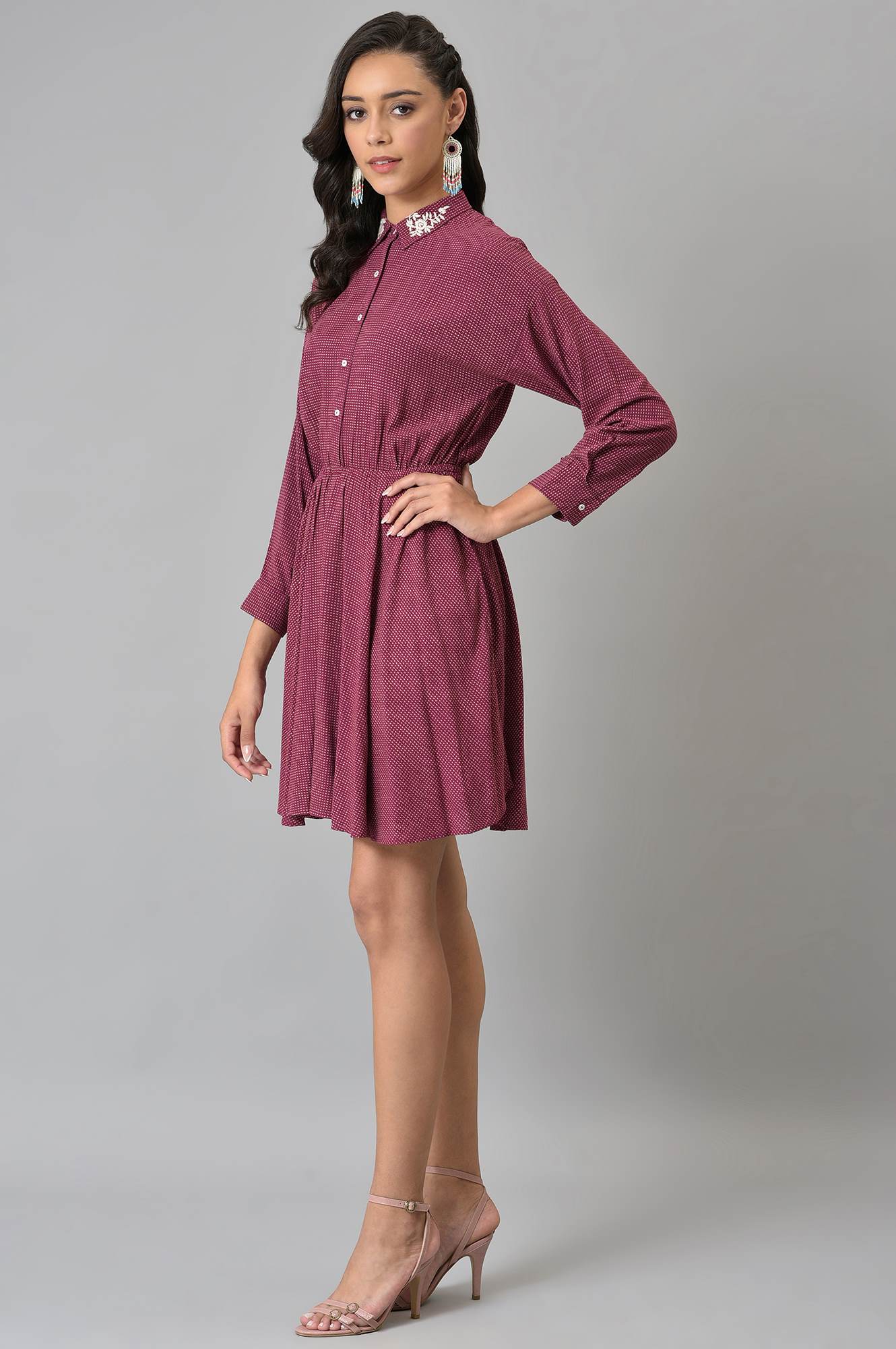 Pink Printed Dress And Embroidered Collar - Image 3