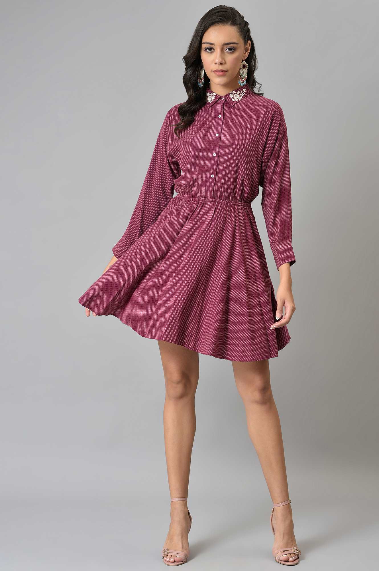 Pink Printed Dress And Embroidered Collar - Image 5