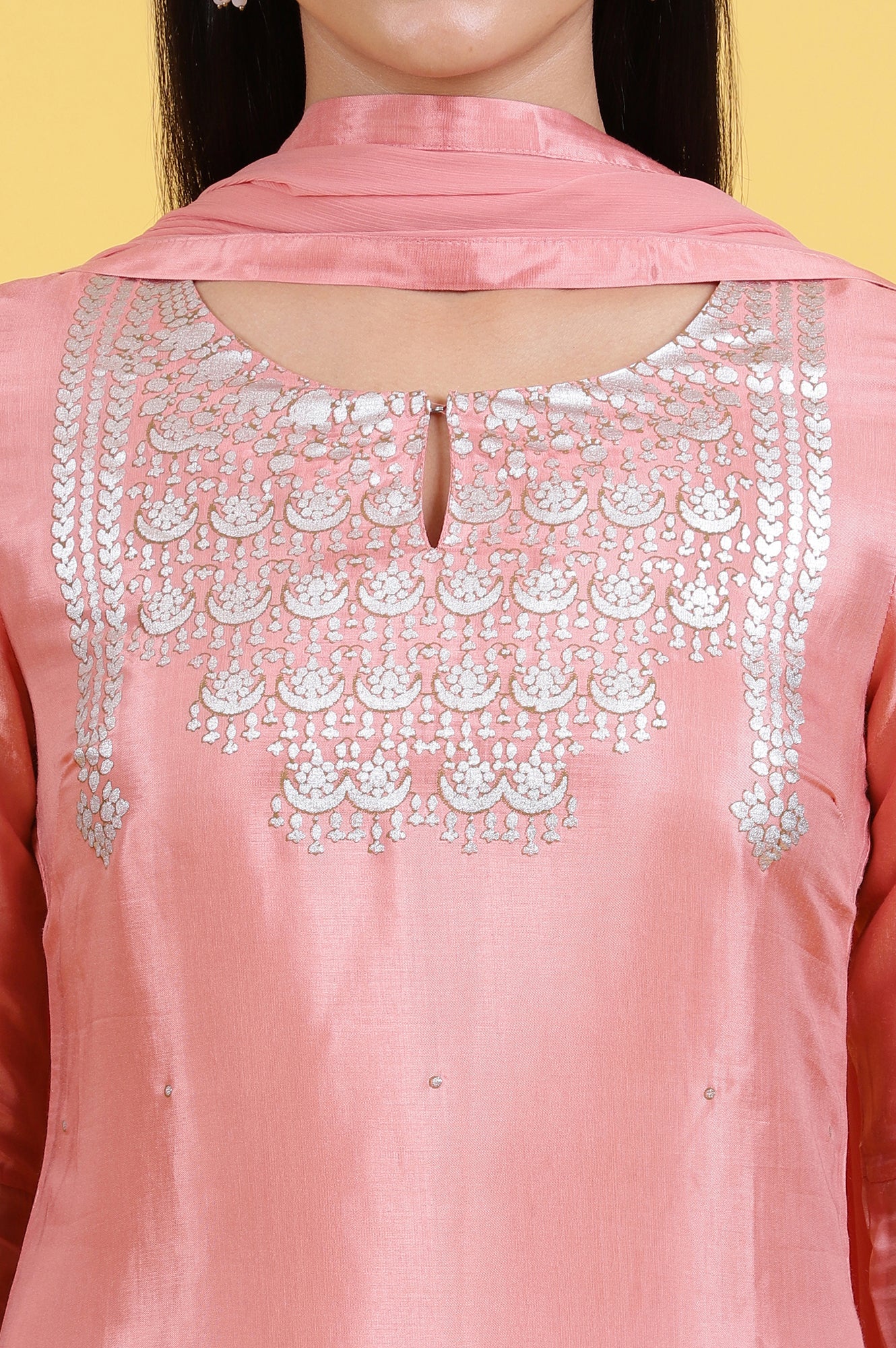 Pink Foil Printed Shantung Straight Kurta, Pants and Dupatta Set - Image 3