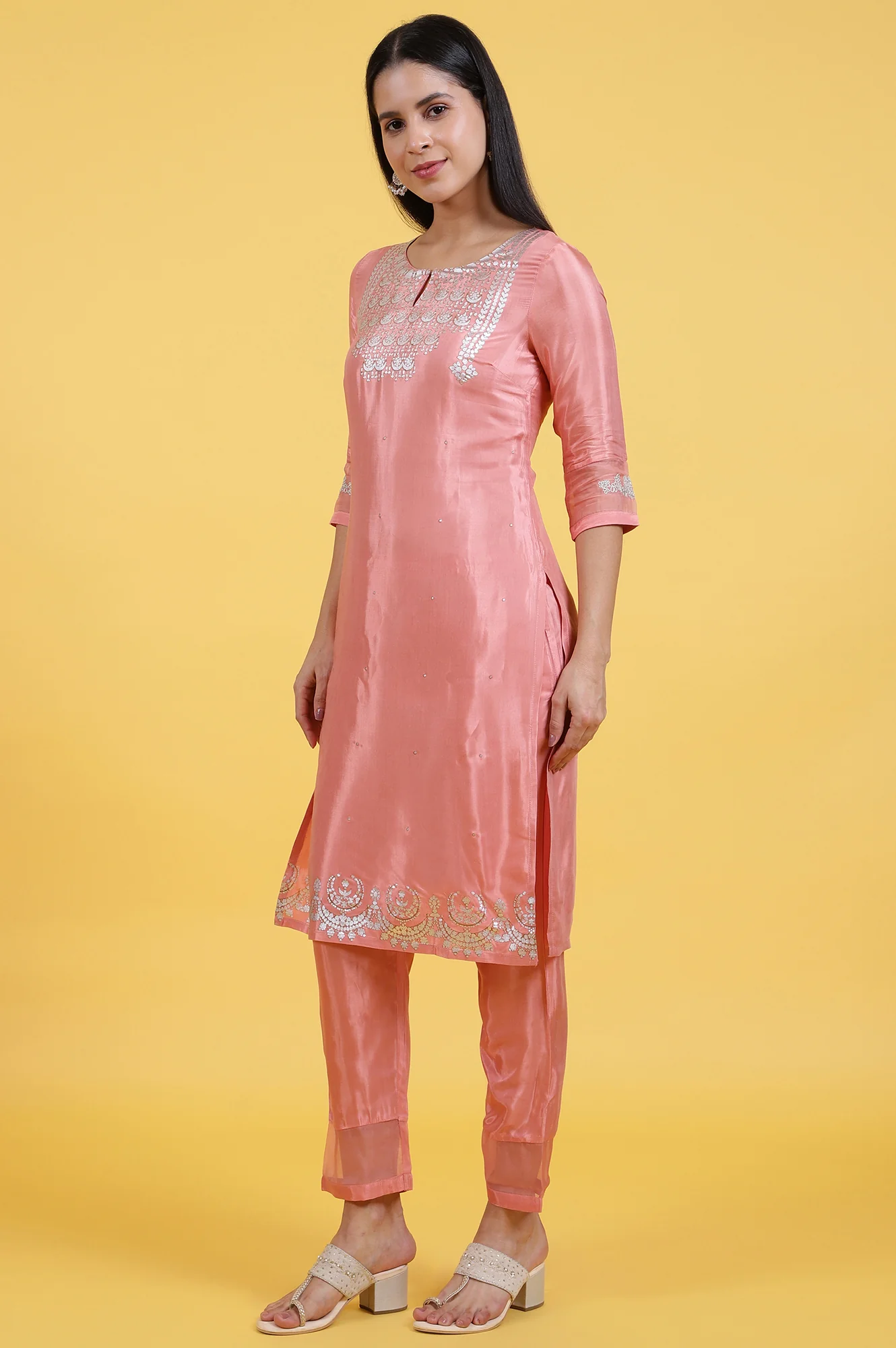 Pink Foil Printed Shantung Straight Kurta, Pants and Dupatta Set - Image 4