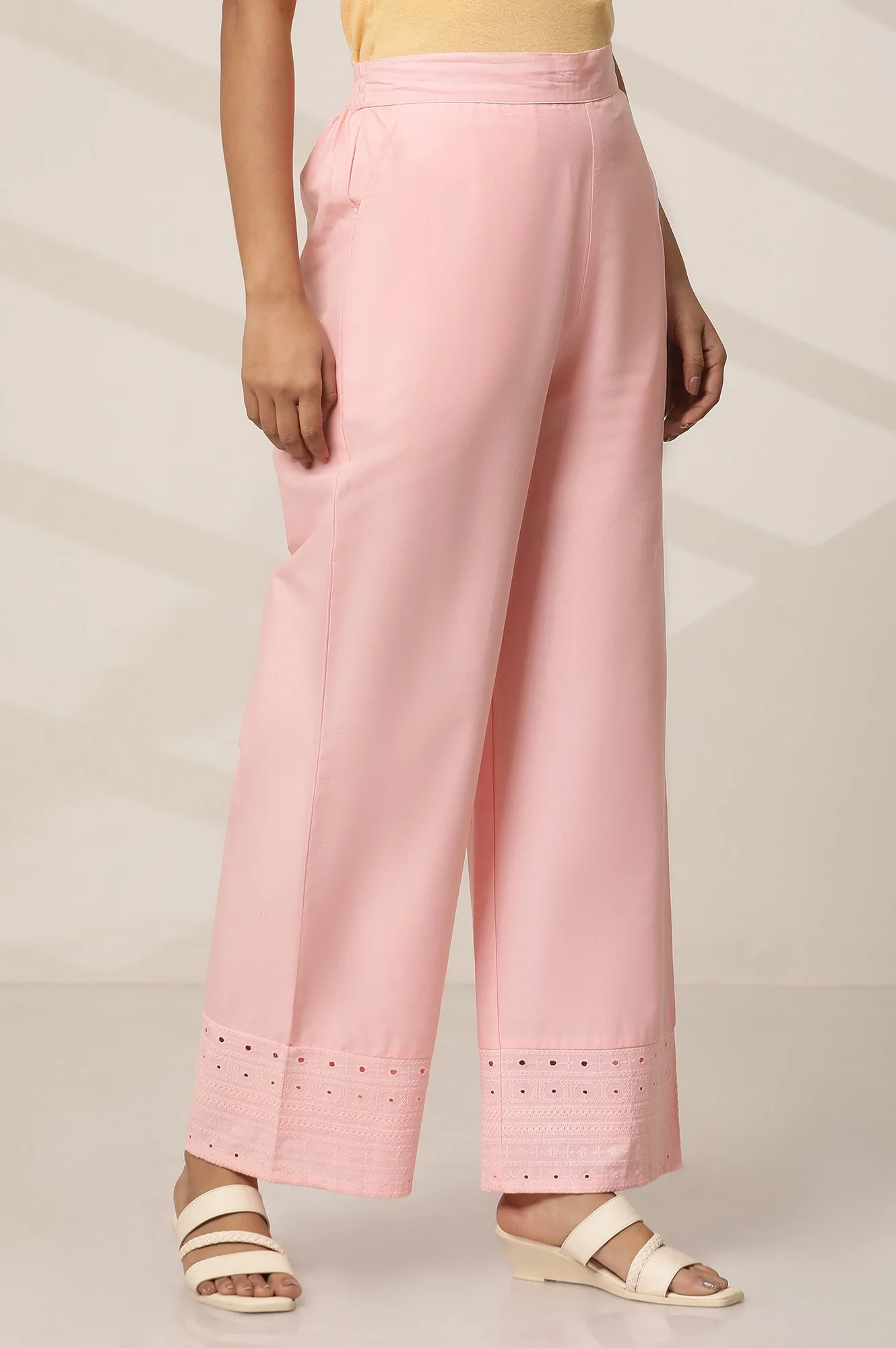 Pink Embroidered Straight Fit Cotton Palazzo With Elasticated Waist - Image 2