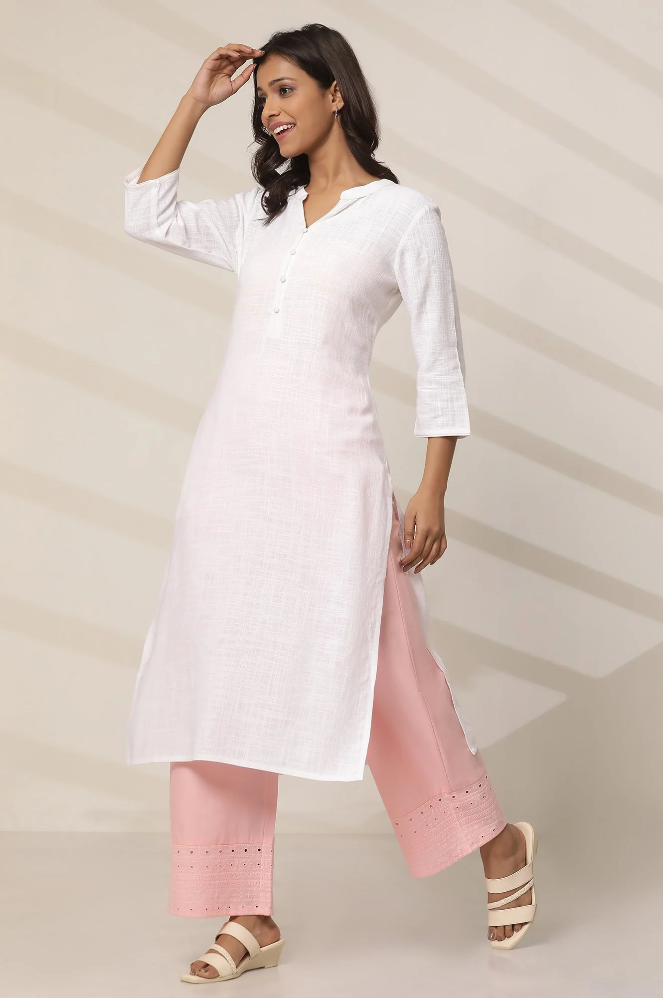 Pink Embroidered Straight Fit Cotton Palazzo With Elasticated Waist - Image 5