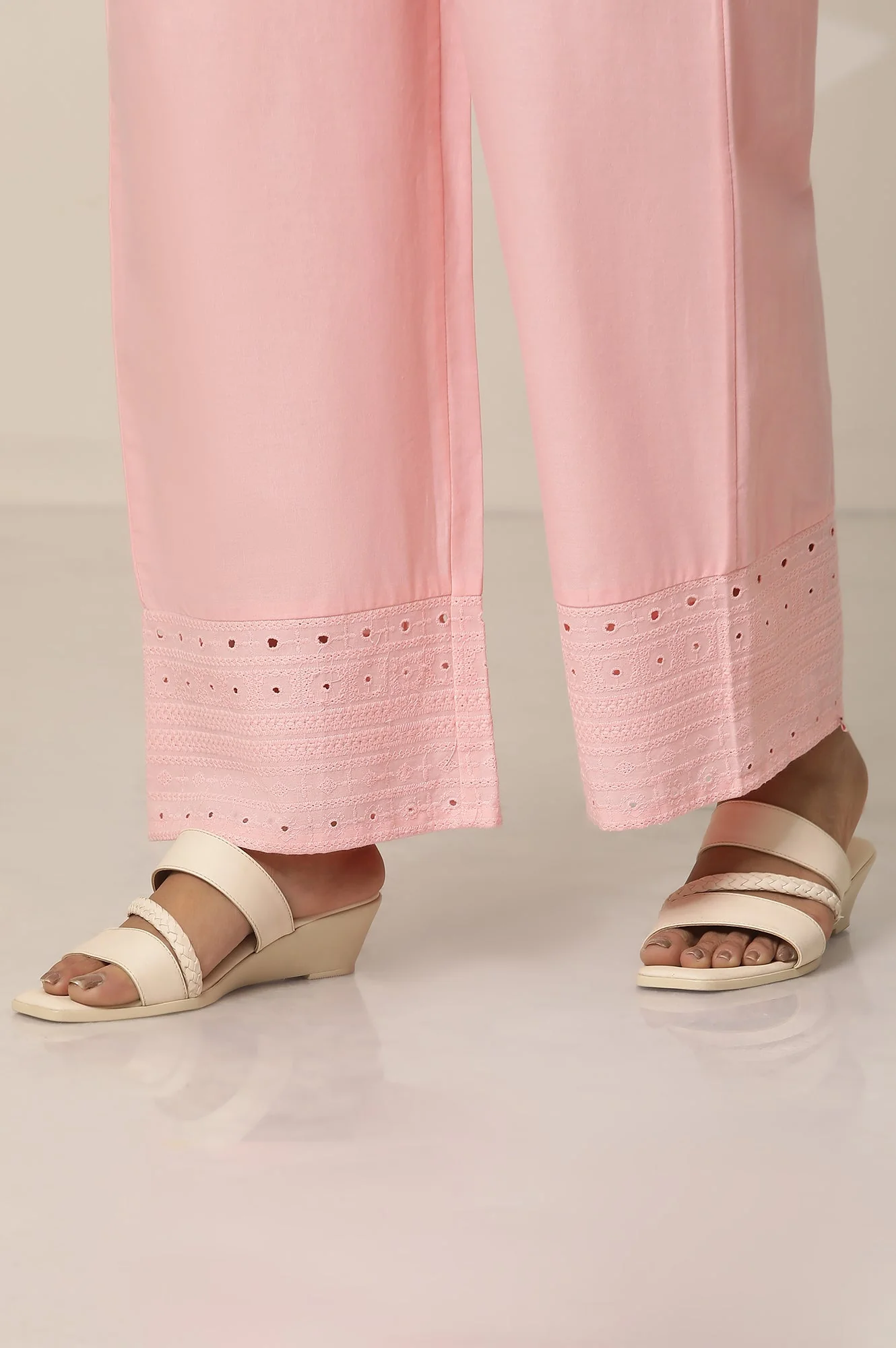 Pink Embroidered Straight Fit Cotton Palazzo With Elasticated Waist - Image 8