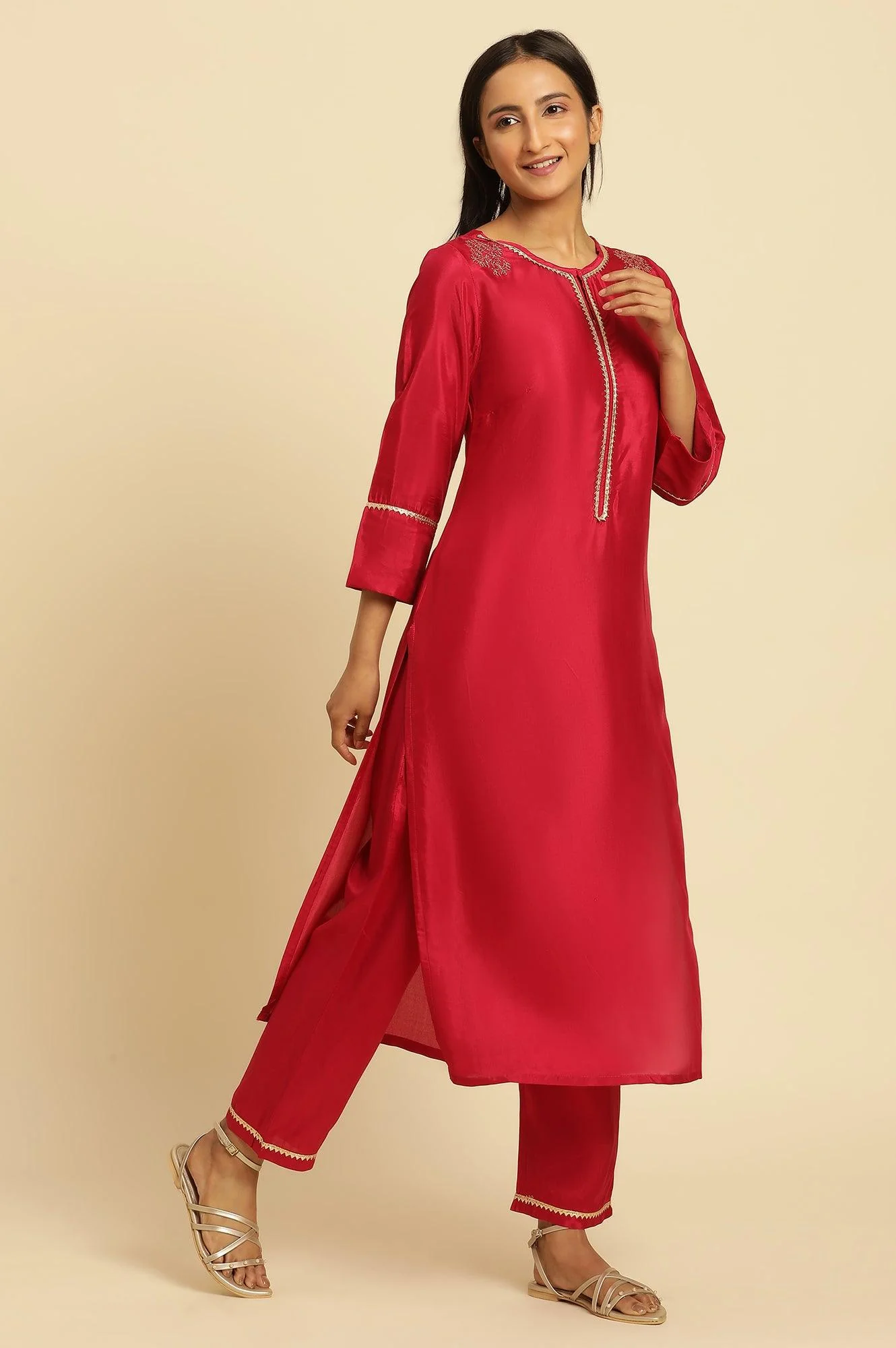 Pink Shantung Kurta, Pants And Dupatta Set - Image 4