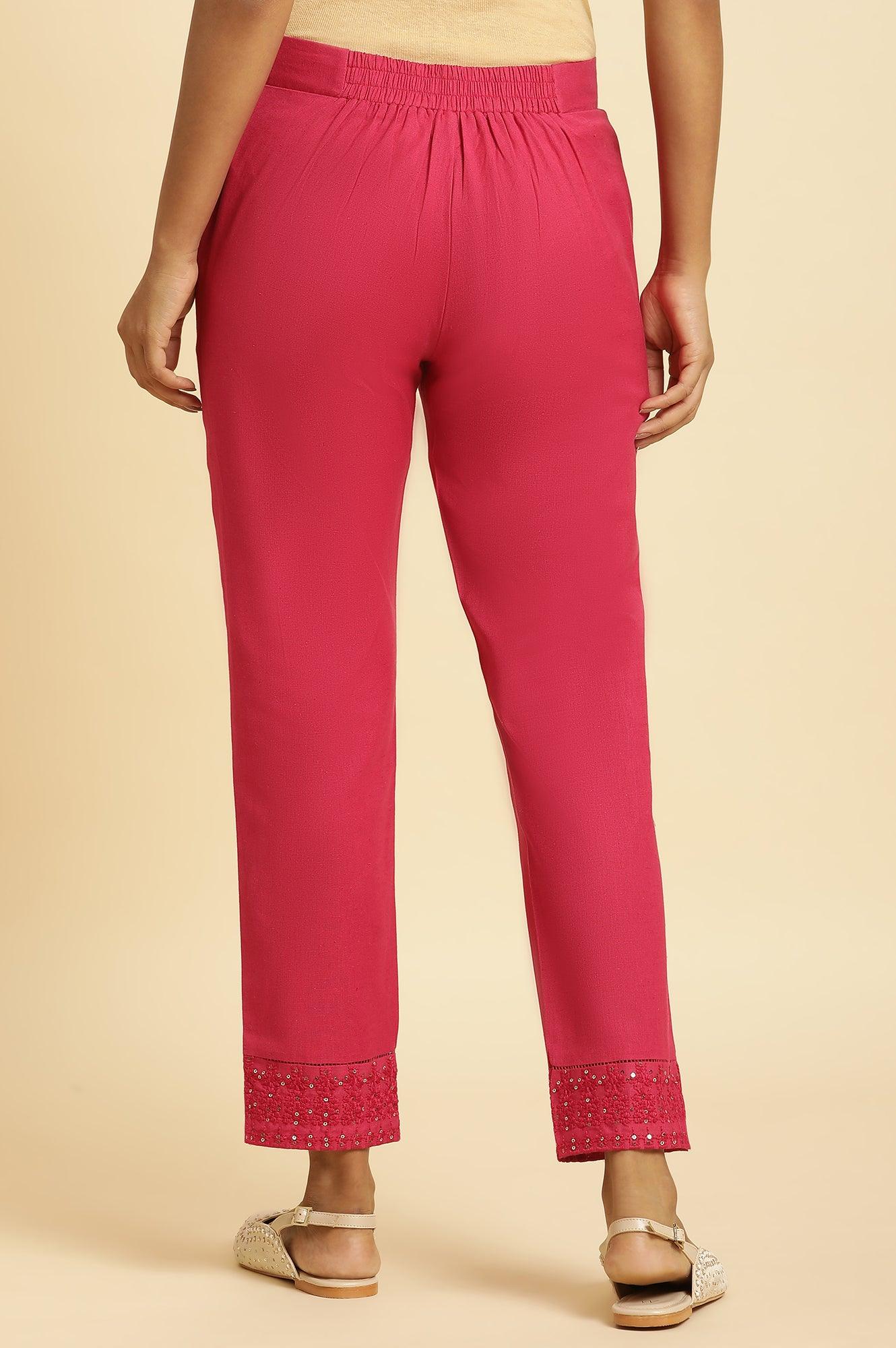 Pink Slim Pants With Embroidered Hem - Image 3