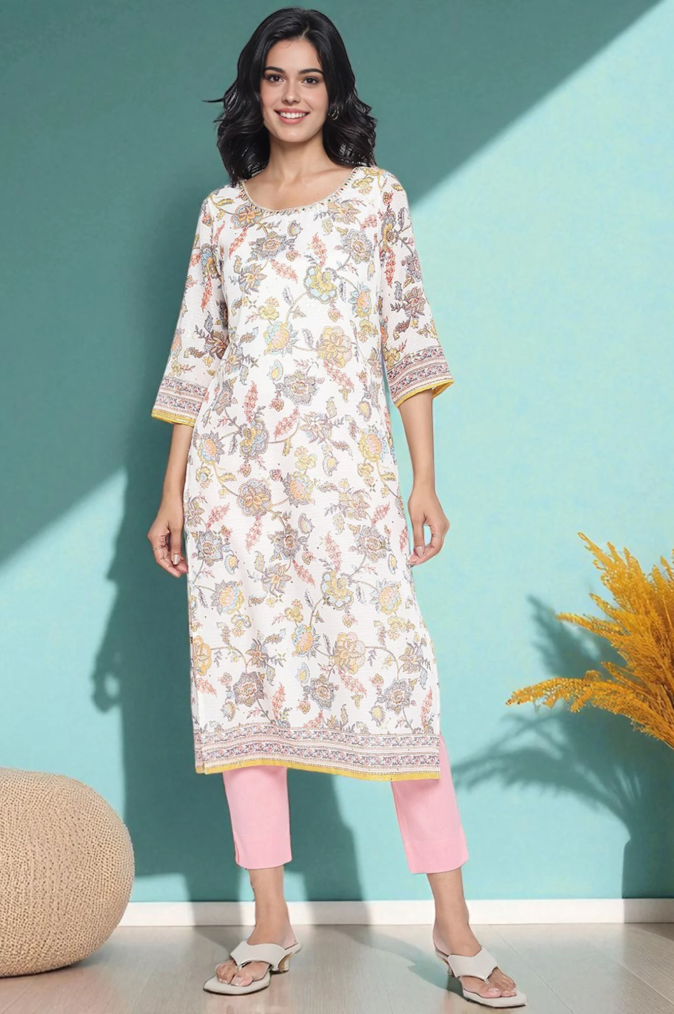 Pink Solid Cotton Flax Trousers in Ankle Length - Image 6