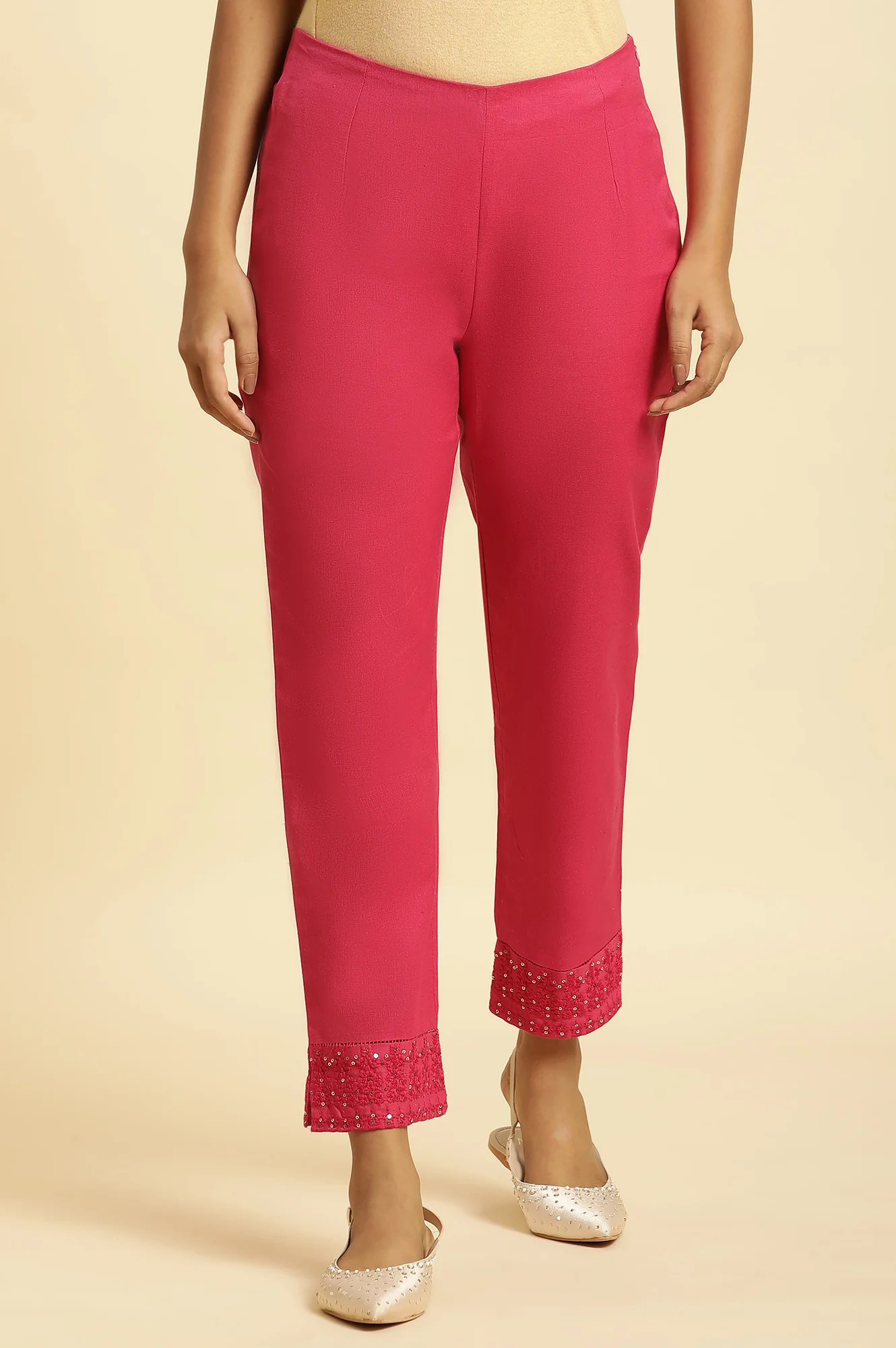 Pink Solid Embroidered Slim Cotton Pant