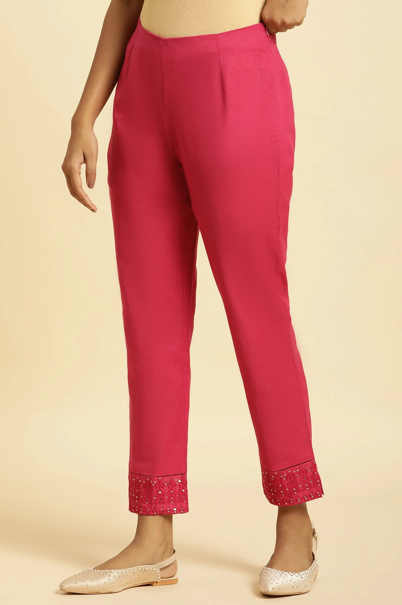 Pink Solid Embroidered Slim Cotton Pant - Image 2