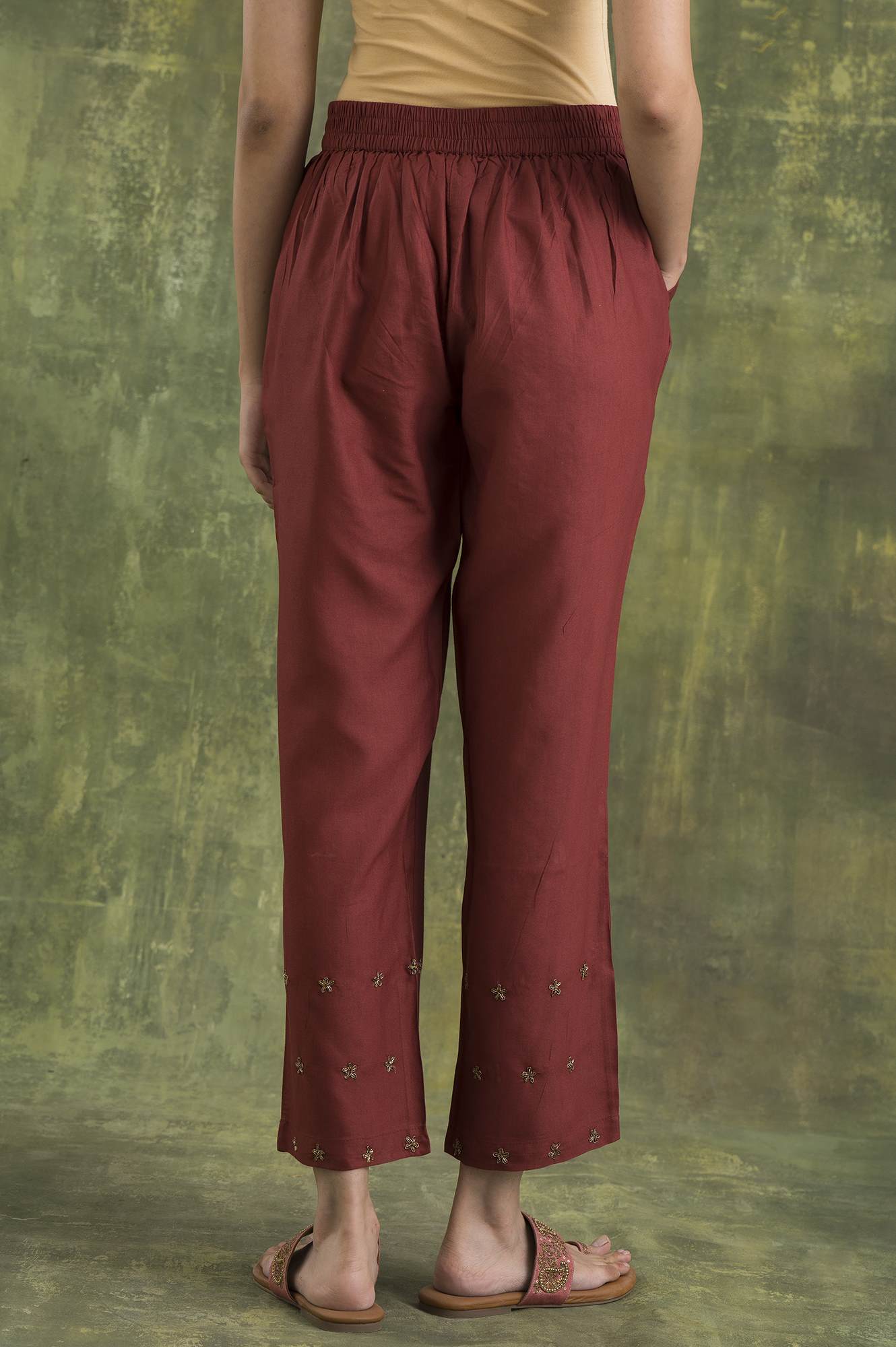 Pink Solid Embroidered Straight Silk Pant - Image 2