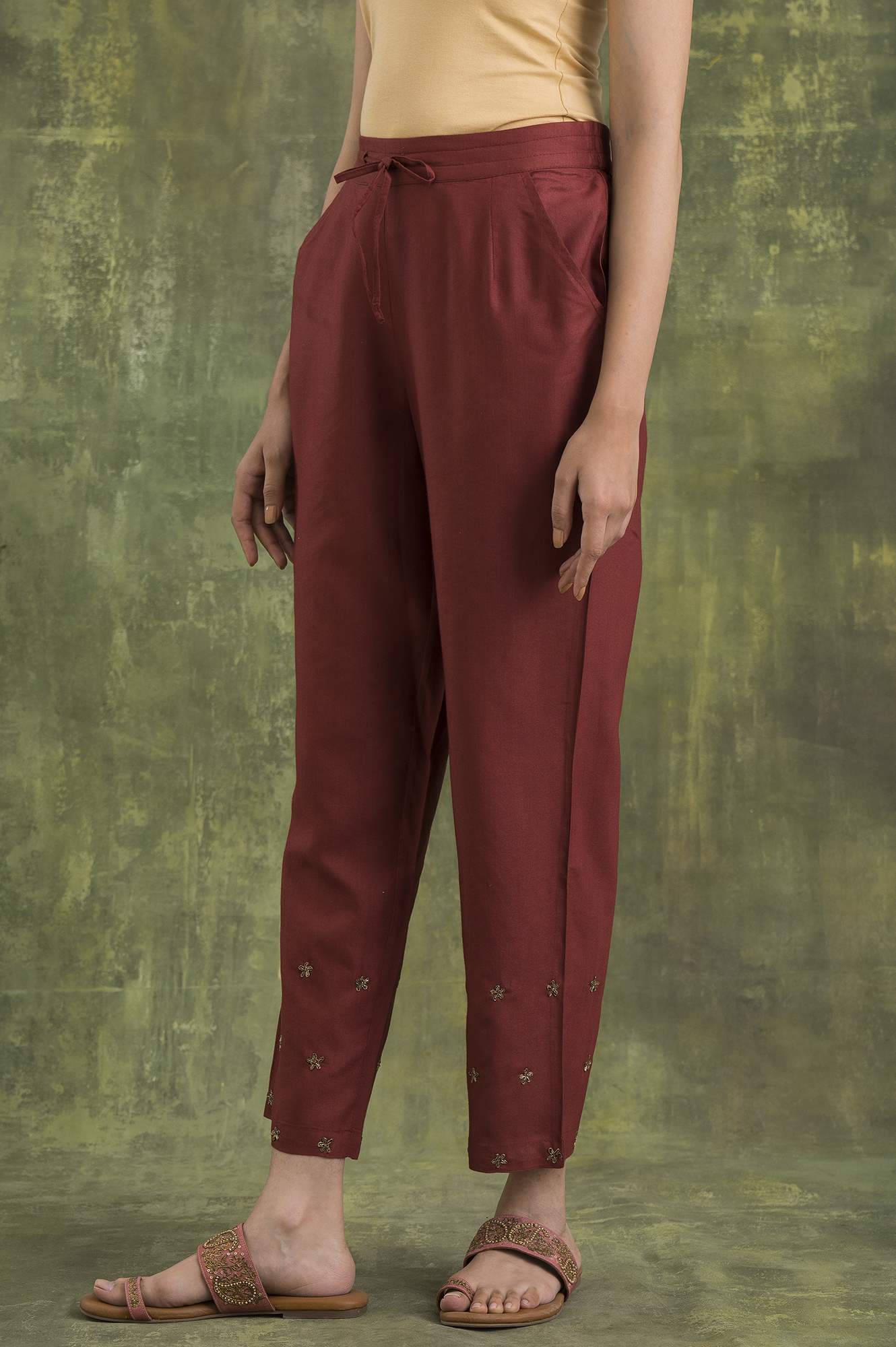 Pink Solid Embroidered Straight Silk Pant - Image 3
