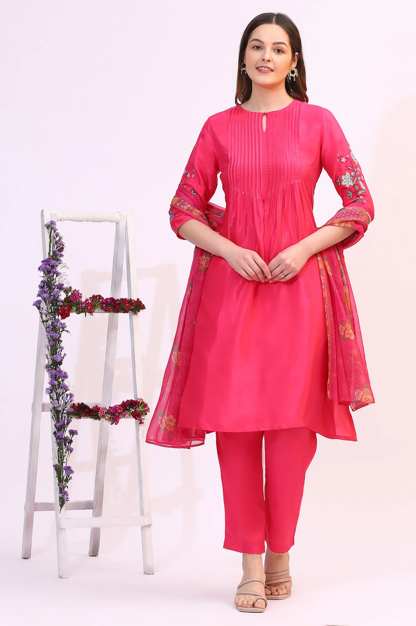 Pink Embroidered Shantung Kurta, Pants and Dupatta Set - Image 3