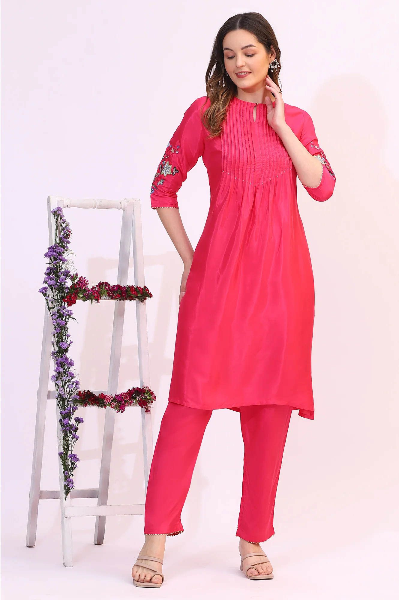 Pink Embroidered Shantung Straight Kurta - Image 2