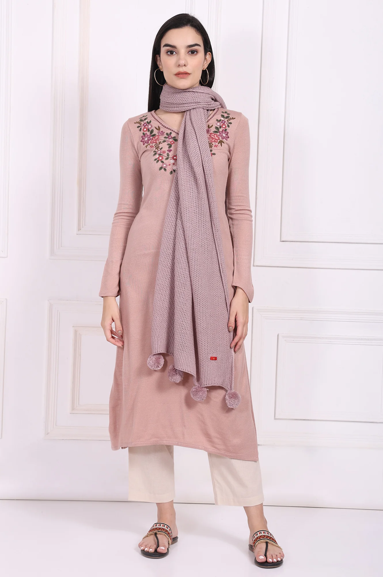 Pink Solid Pom Pom Acrylic Winter Stole