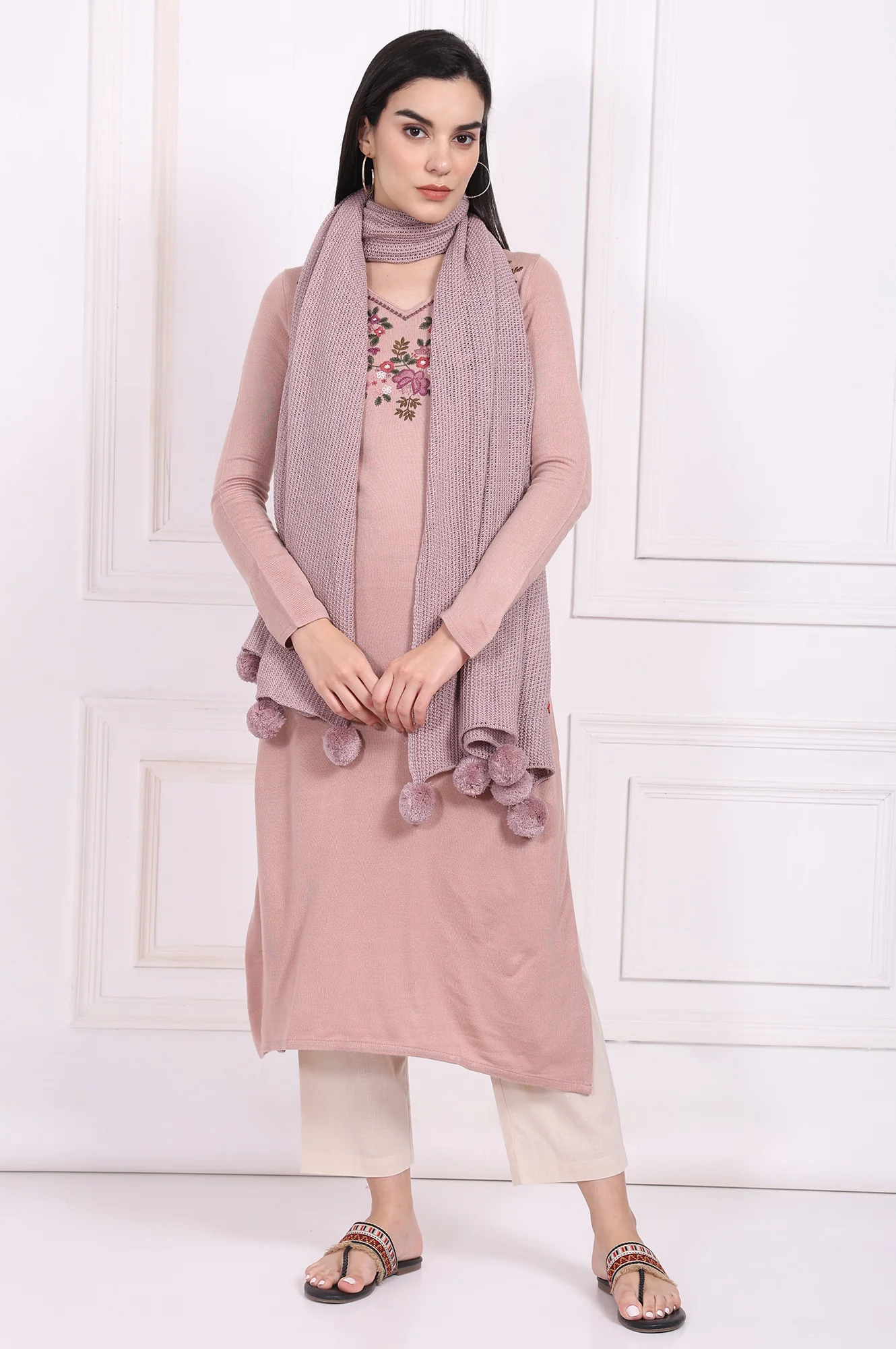 Pink Solid Pom Pom Acrylic Winter Stole - Image 4