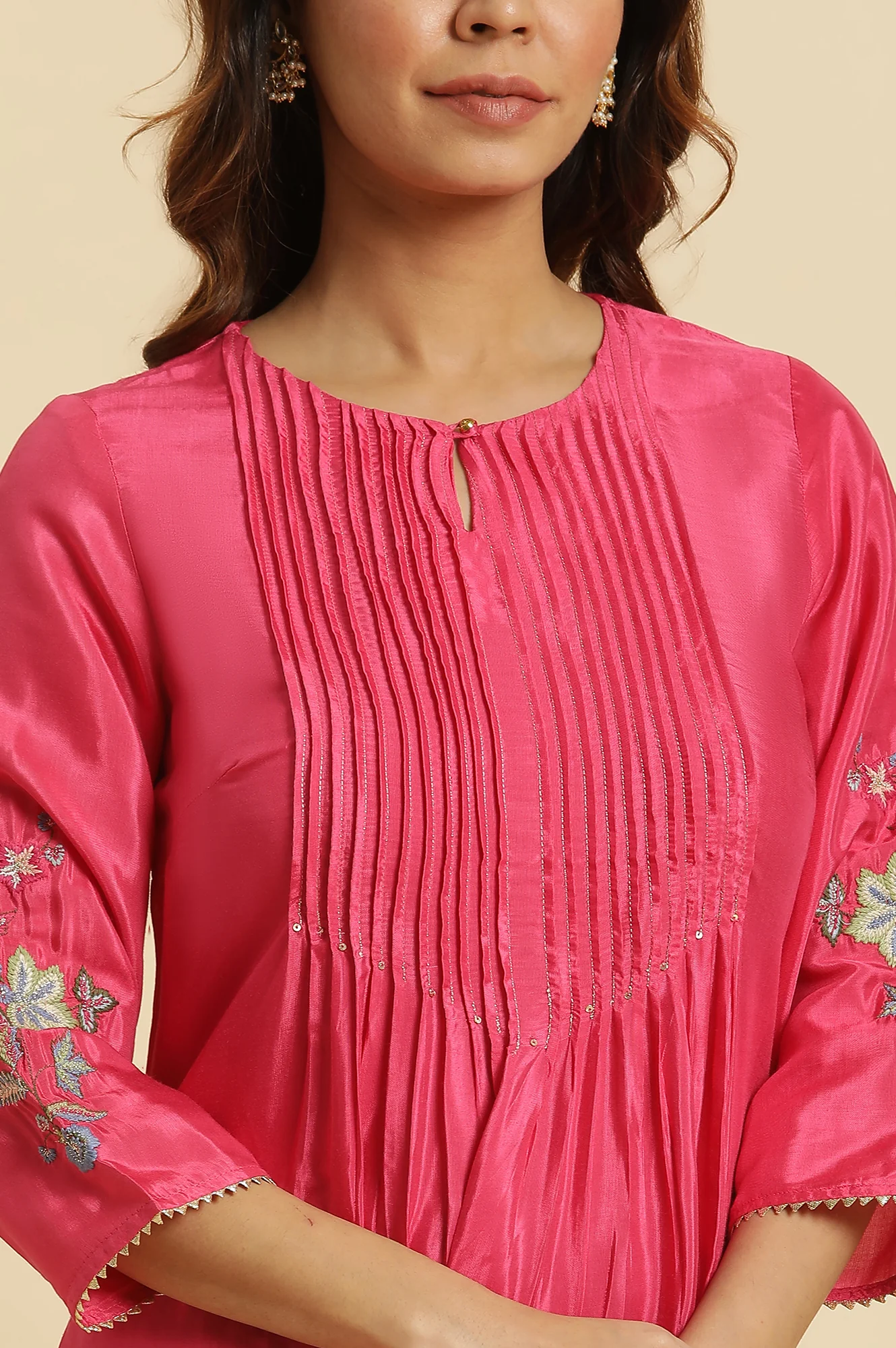 Pink Solid Printed Shantung Straight Kurta with Slim Pant Set - Image 2