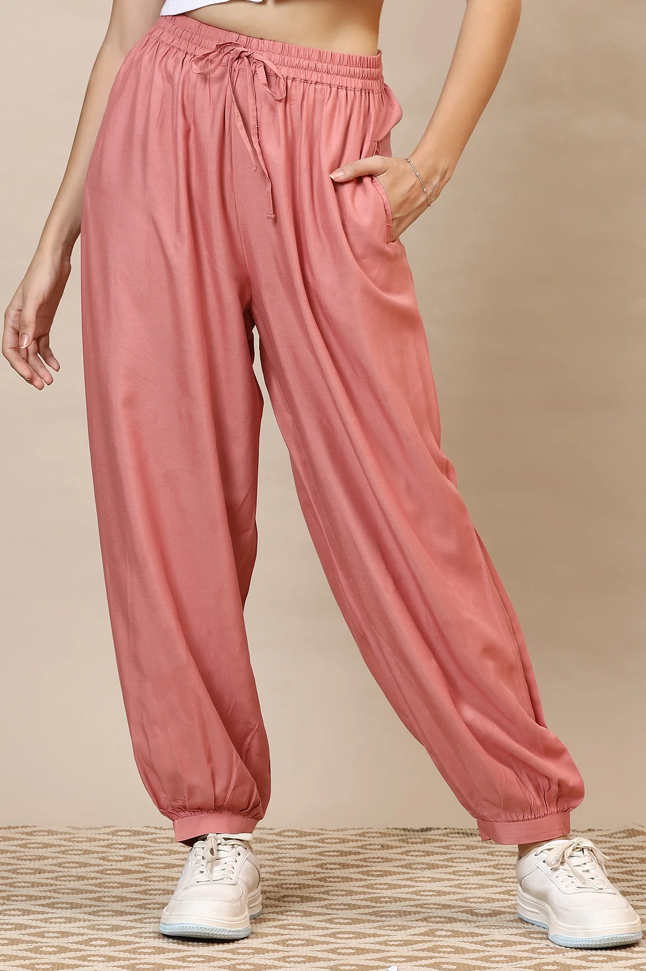 Pink Solid Loose Fit Rayon Dhoti Pants With Drawstring - Image 2