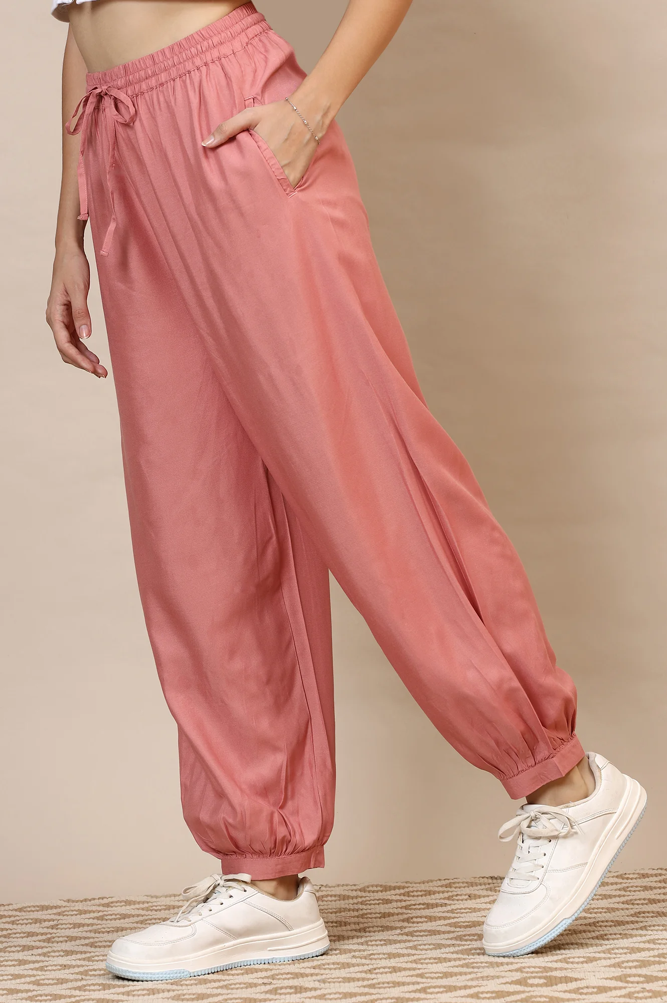 Pink Solid Loose Fit Rayon Dhoti Pants With Drawstring - Image 3