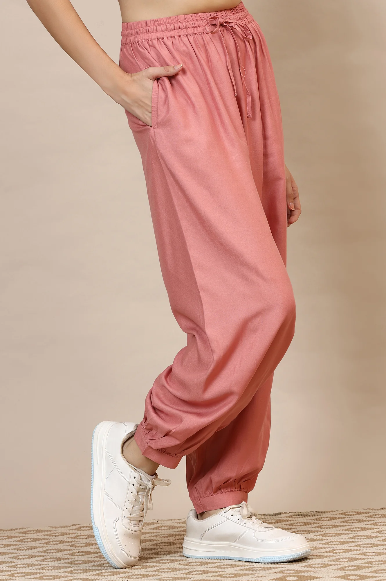 Pink Solid Loose Fit Rayon Dhoti Pants With Drawstring - Image 5