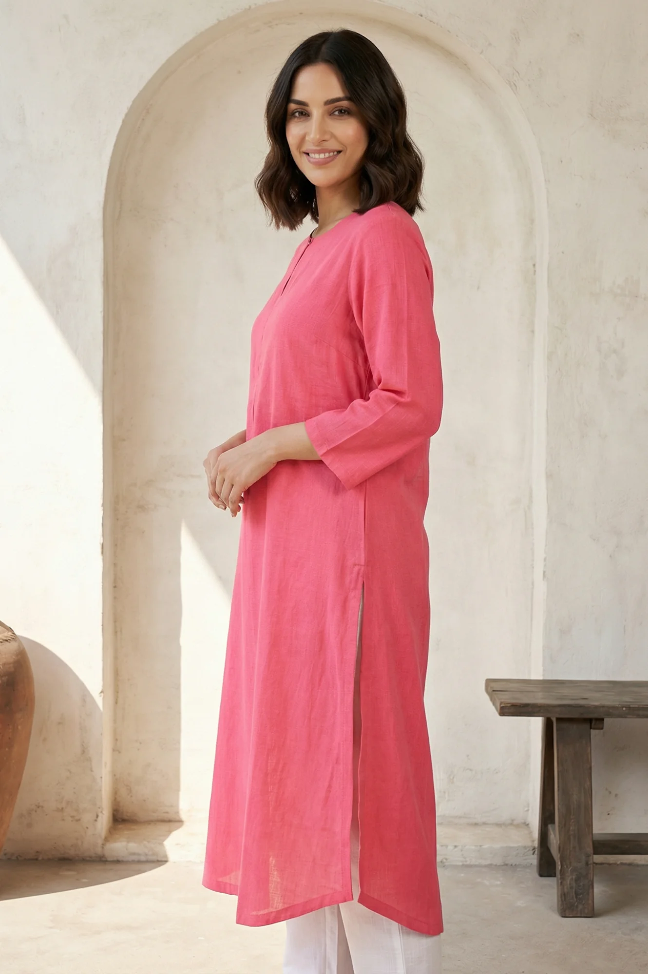 Pink Solid Rayon Straight Kurta - Image 3