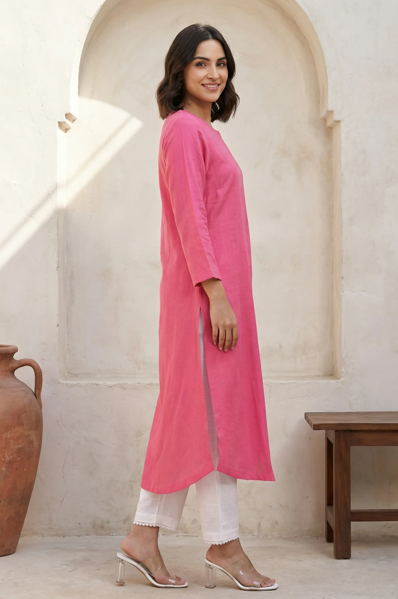 Pink Solid Rayon Straight Kurta - Image 5