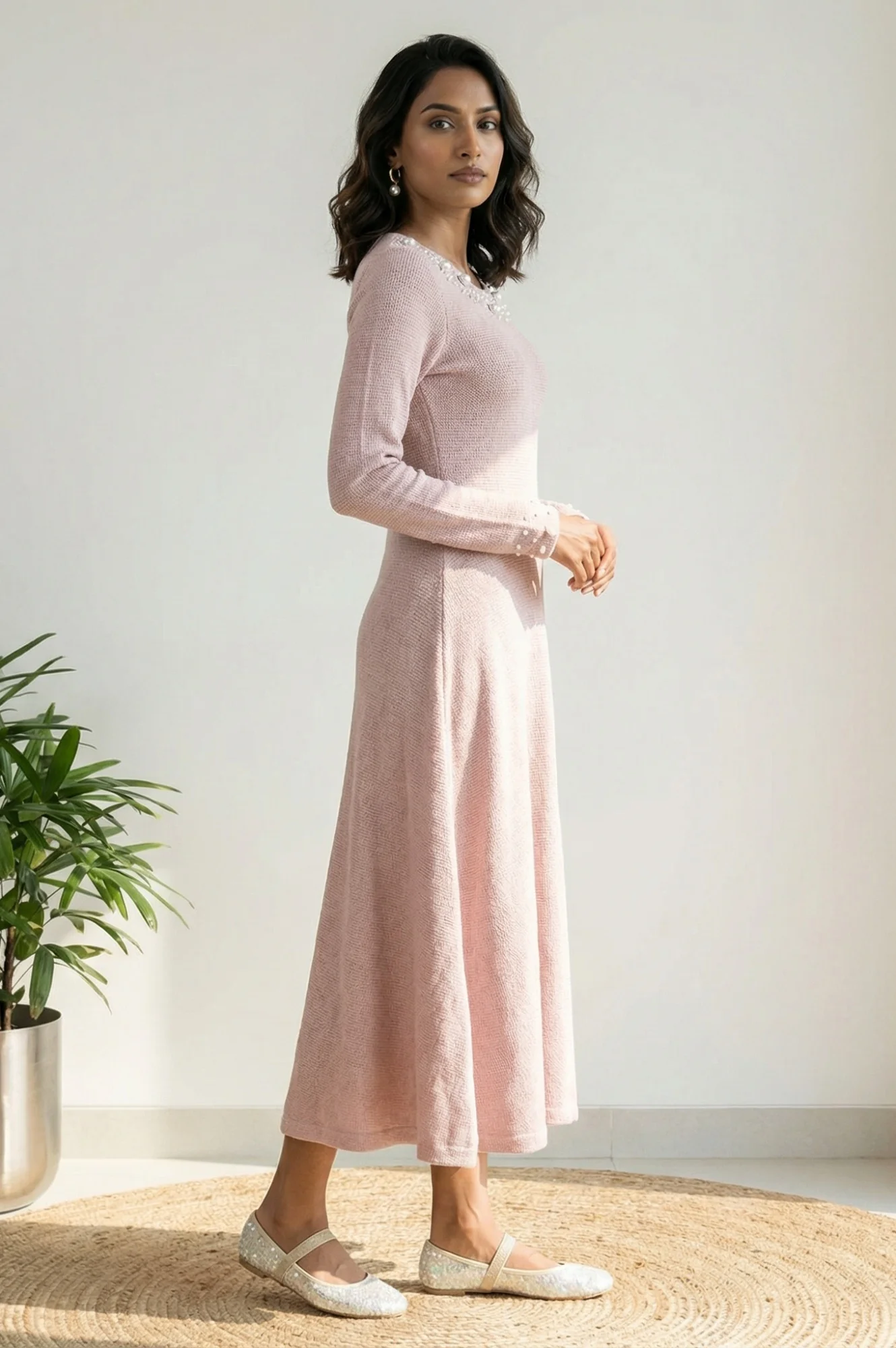 Pink Solid Sequins A-line Winter Dress - Image 3