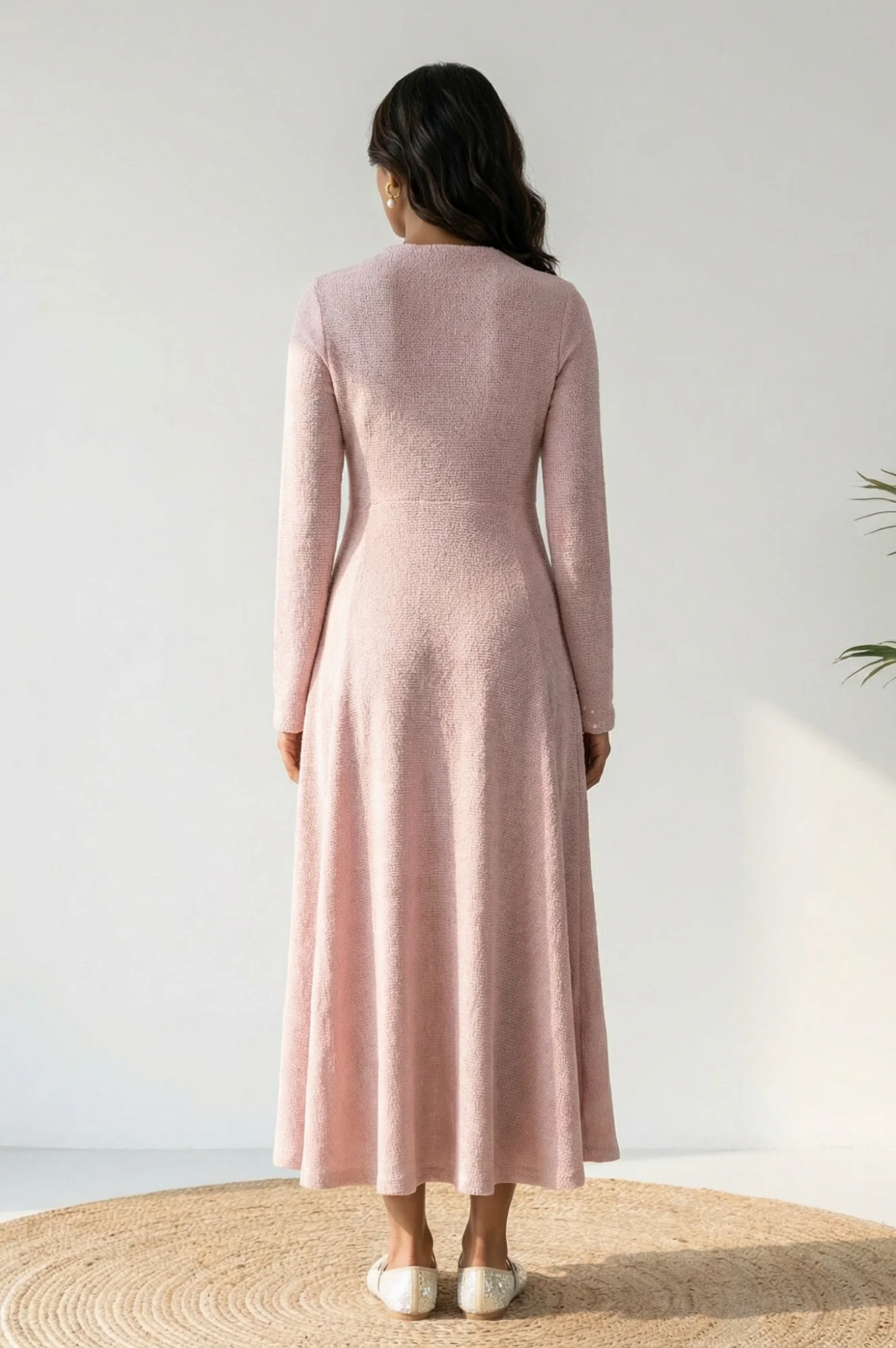 Pink Solid Sequins A-line Winter Dress - Image 4