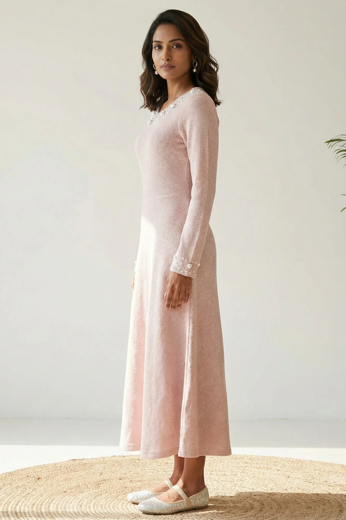 Pink Solid Sequins A-line Winter Dress - Image 5