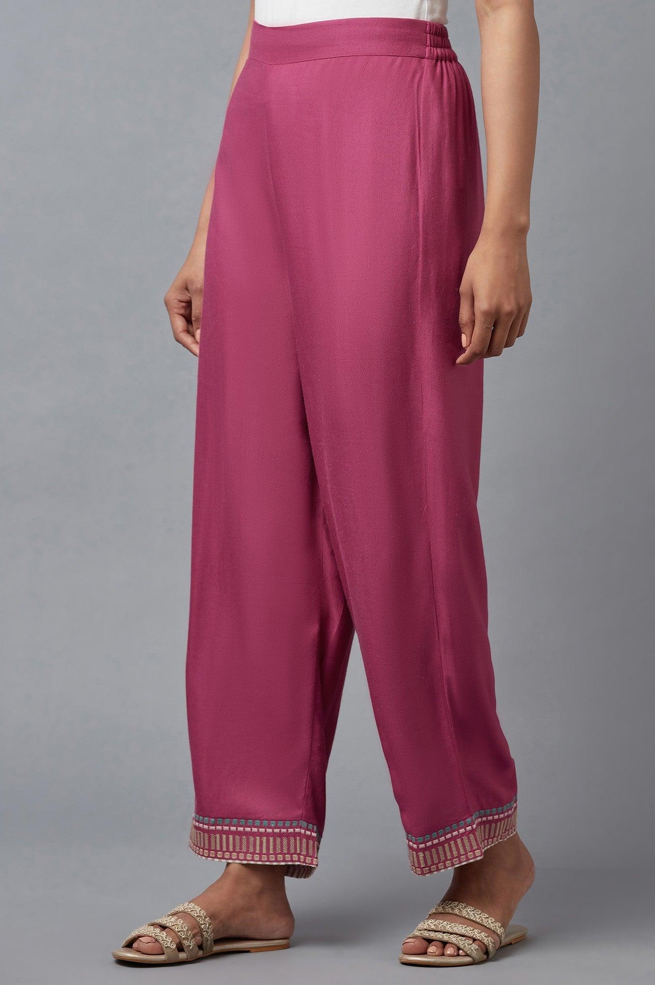 Pink Solid Slim Pants With Embroidery - Image 3