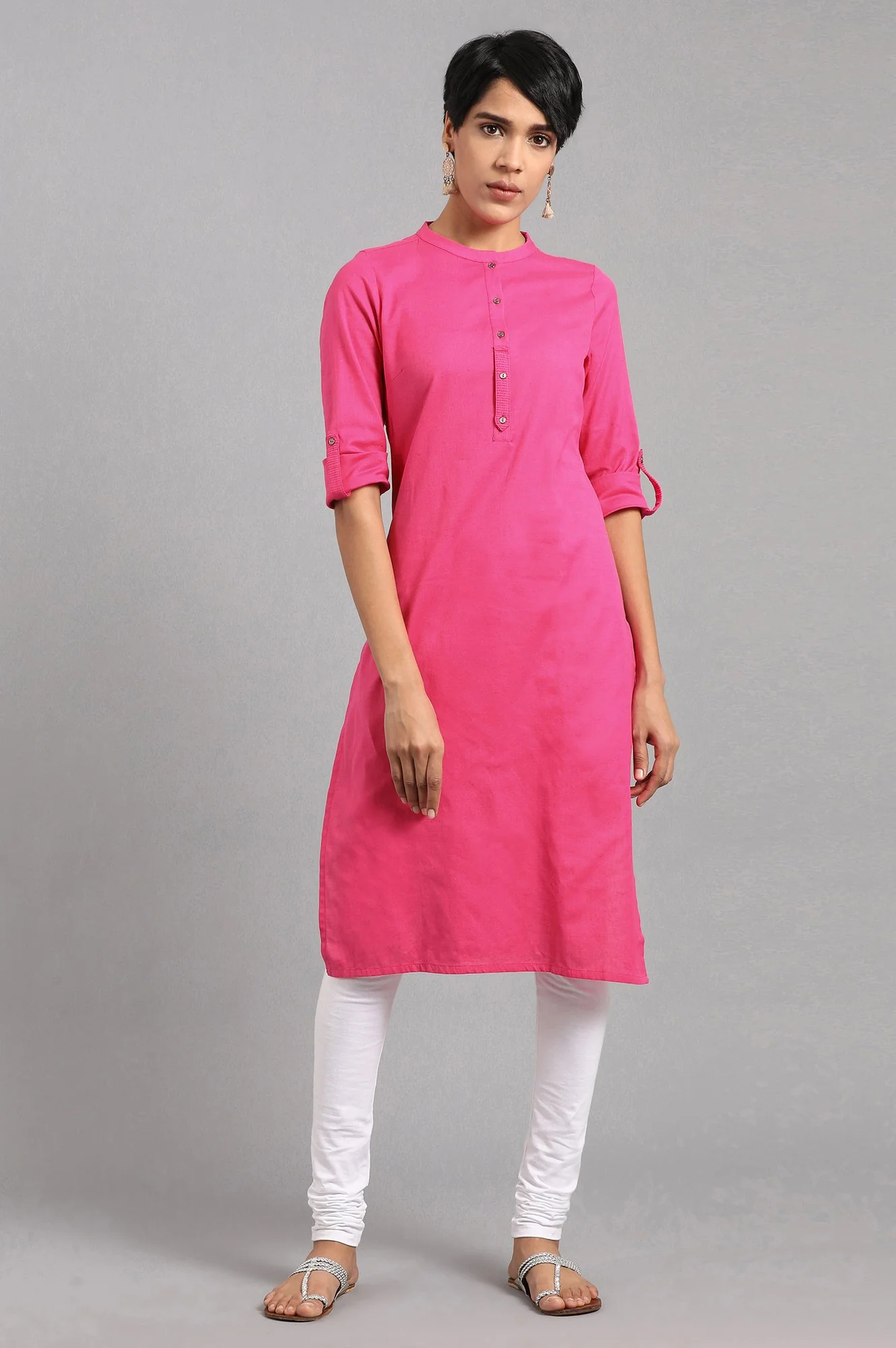 Pink Solid Straight Cotton Kurta - Image 2
