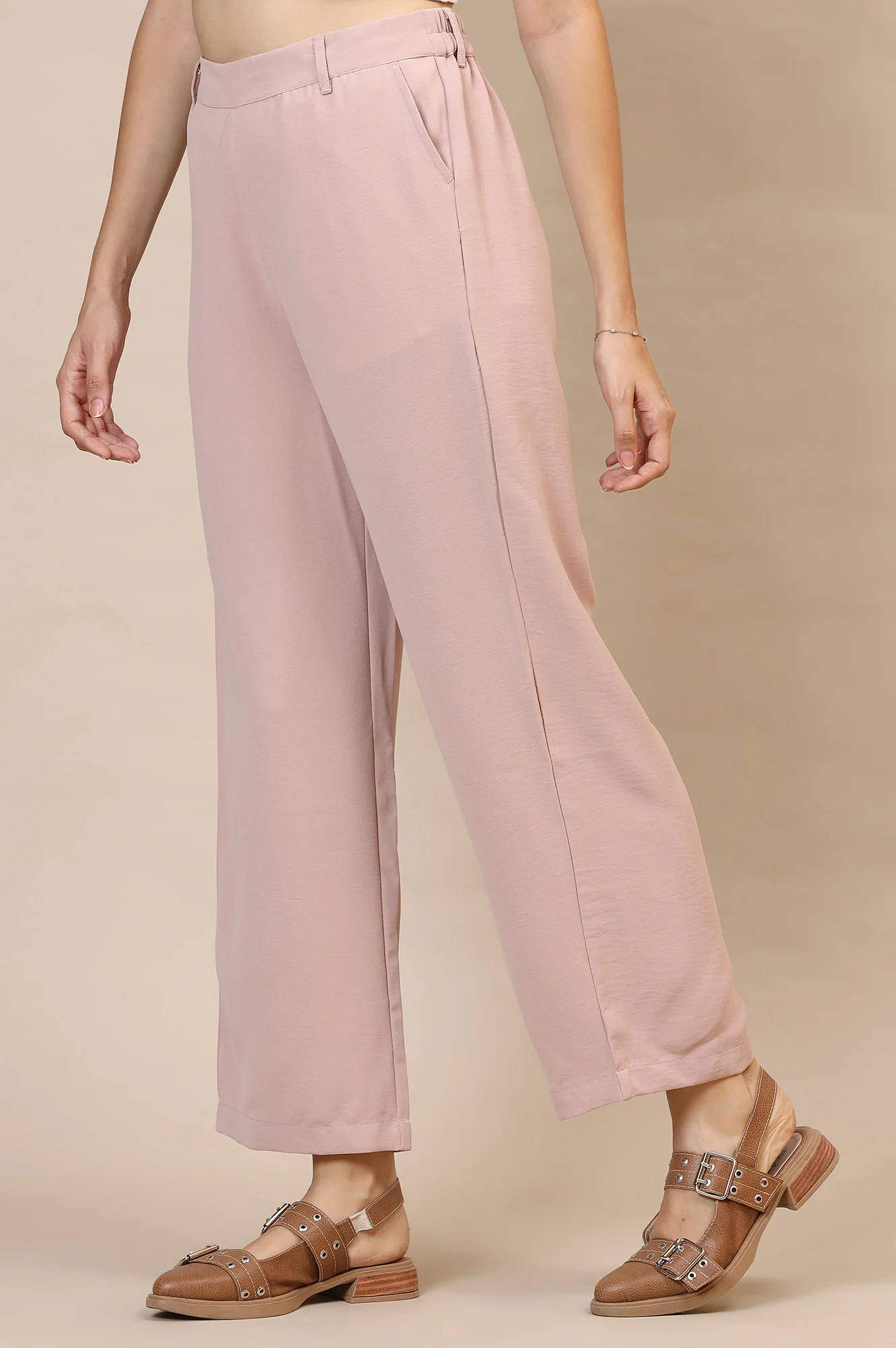 Pink Solid Straight Fit Woven Palazzo With Elasticated Waist - Image 3