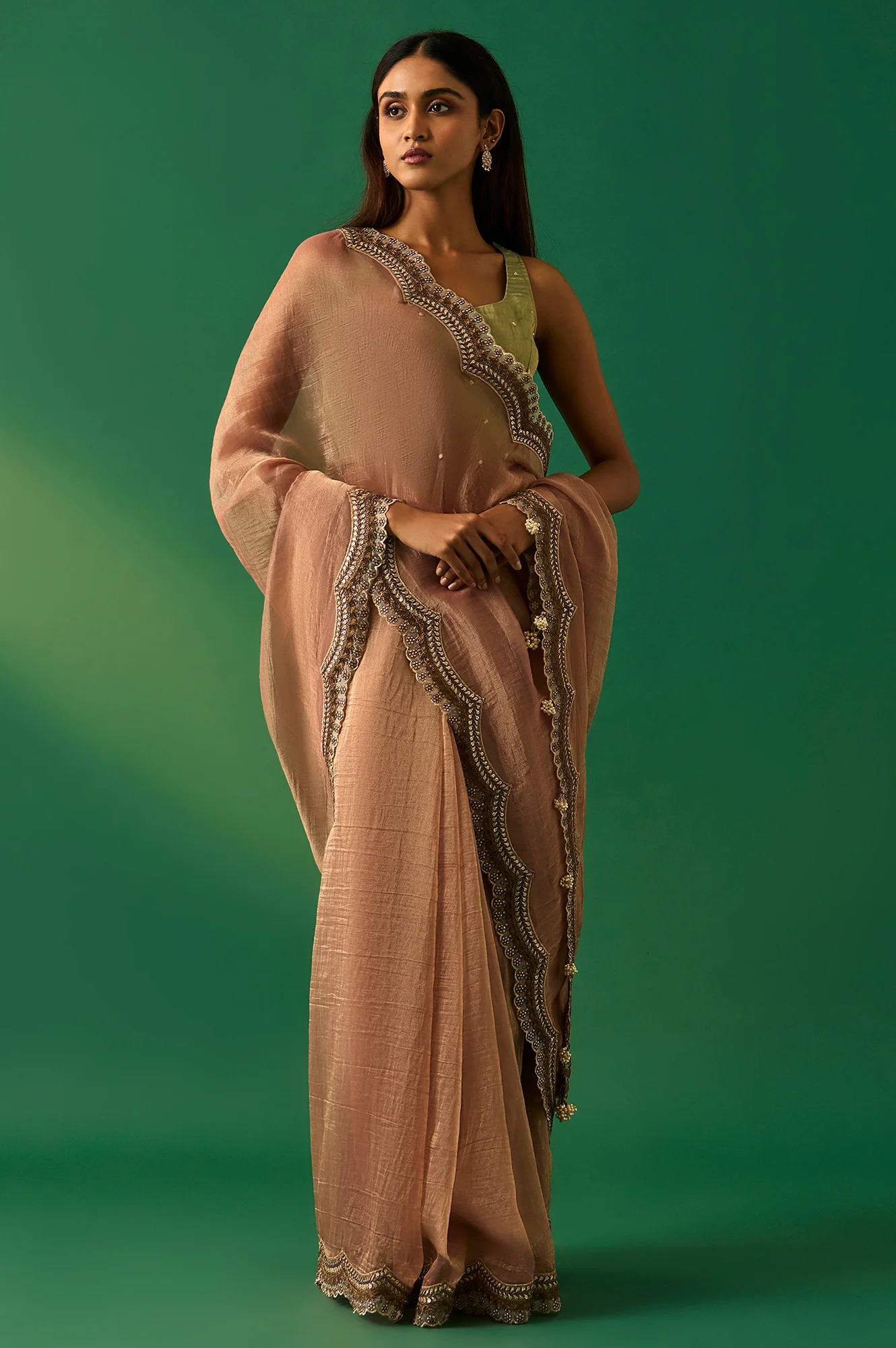 Pink Solid Zari Work Tissue Saree with Unstitched Blouse