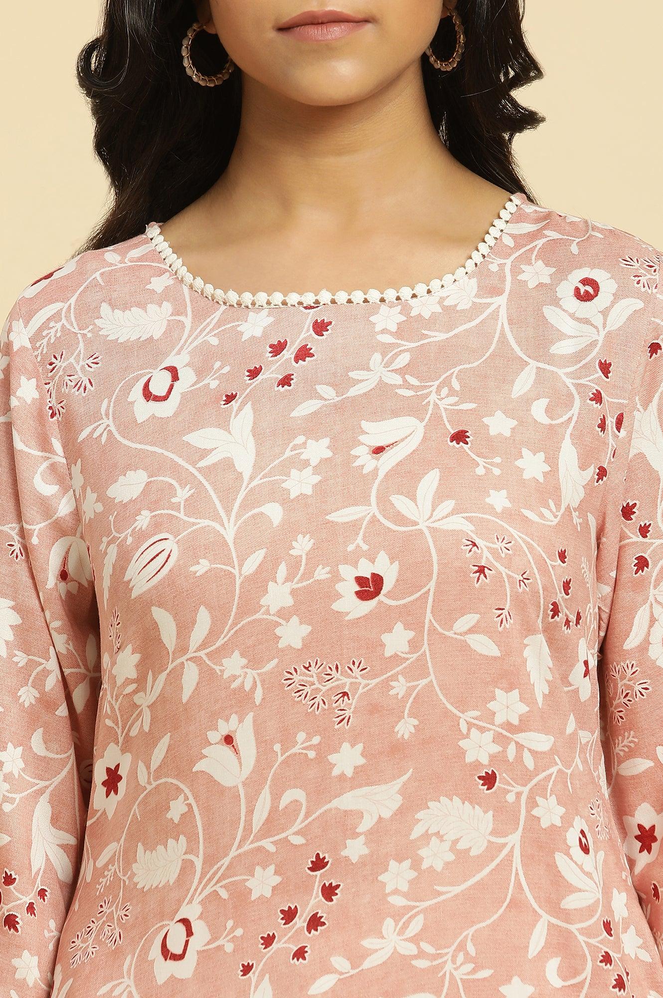 Pink Straight Kurta In White Floral Print - Image 6