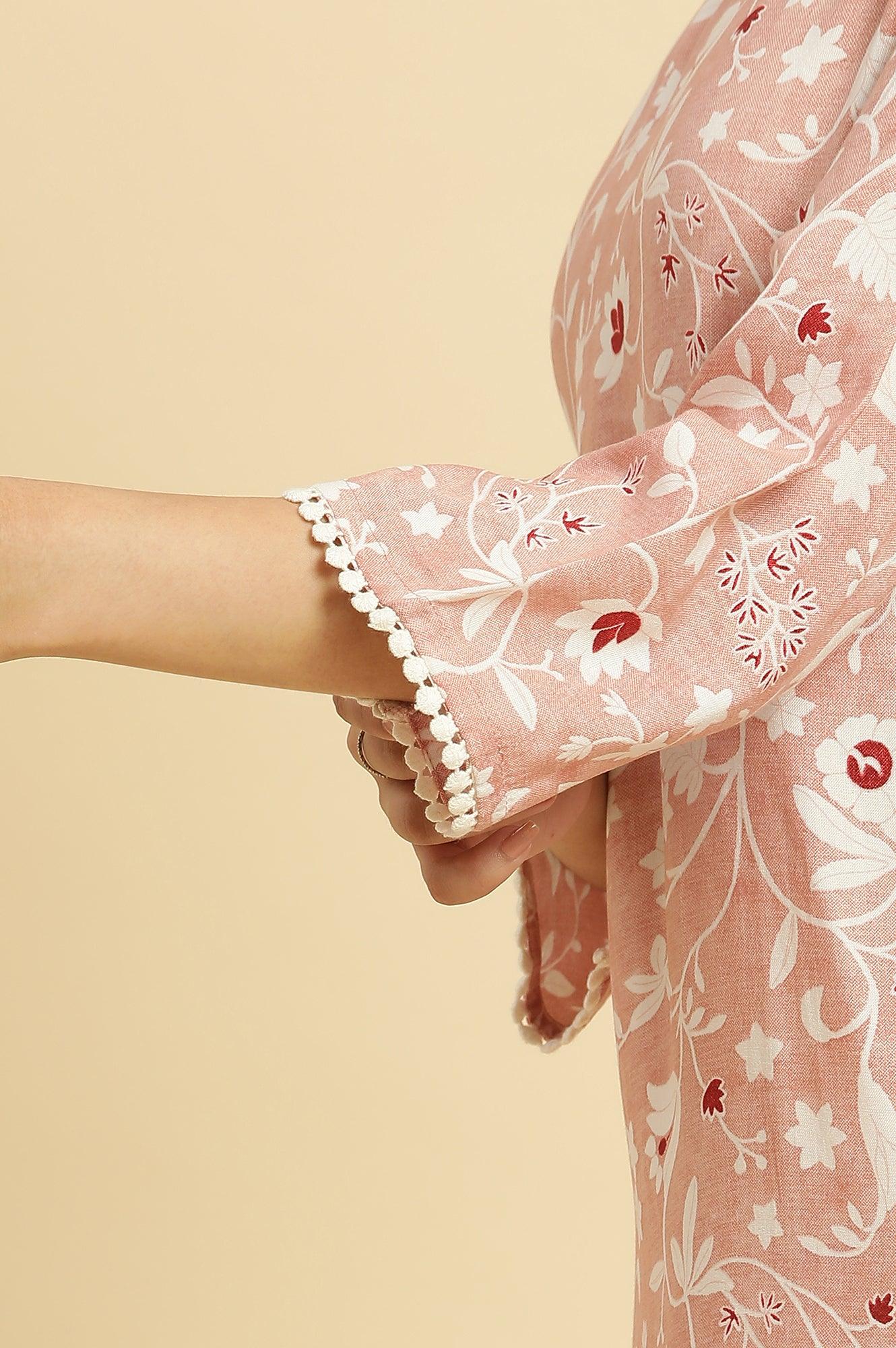 Pink Straight Kurta In White Floral Print - Image 7