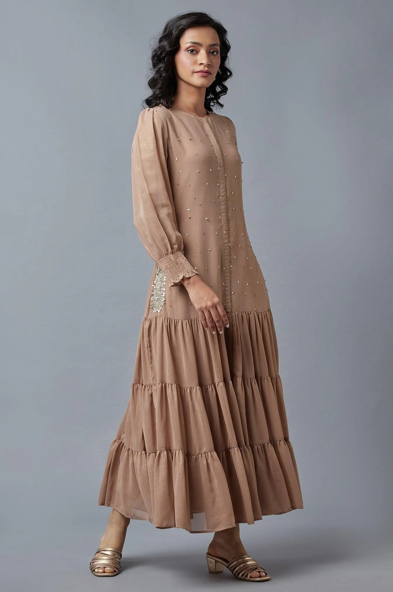 Pink Tiered Round Neck Dress With Metallic Embroidery - Image 4