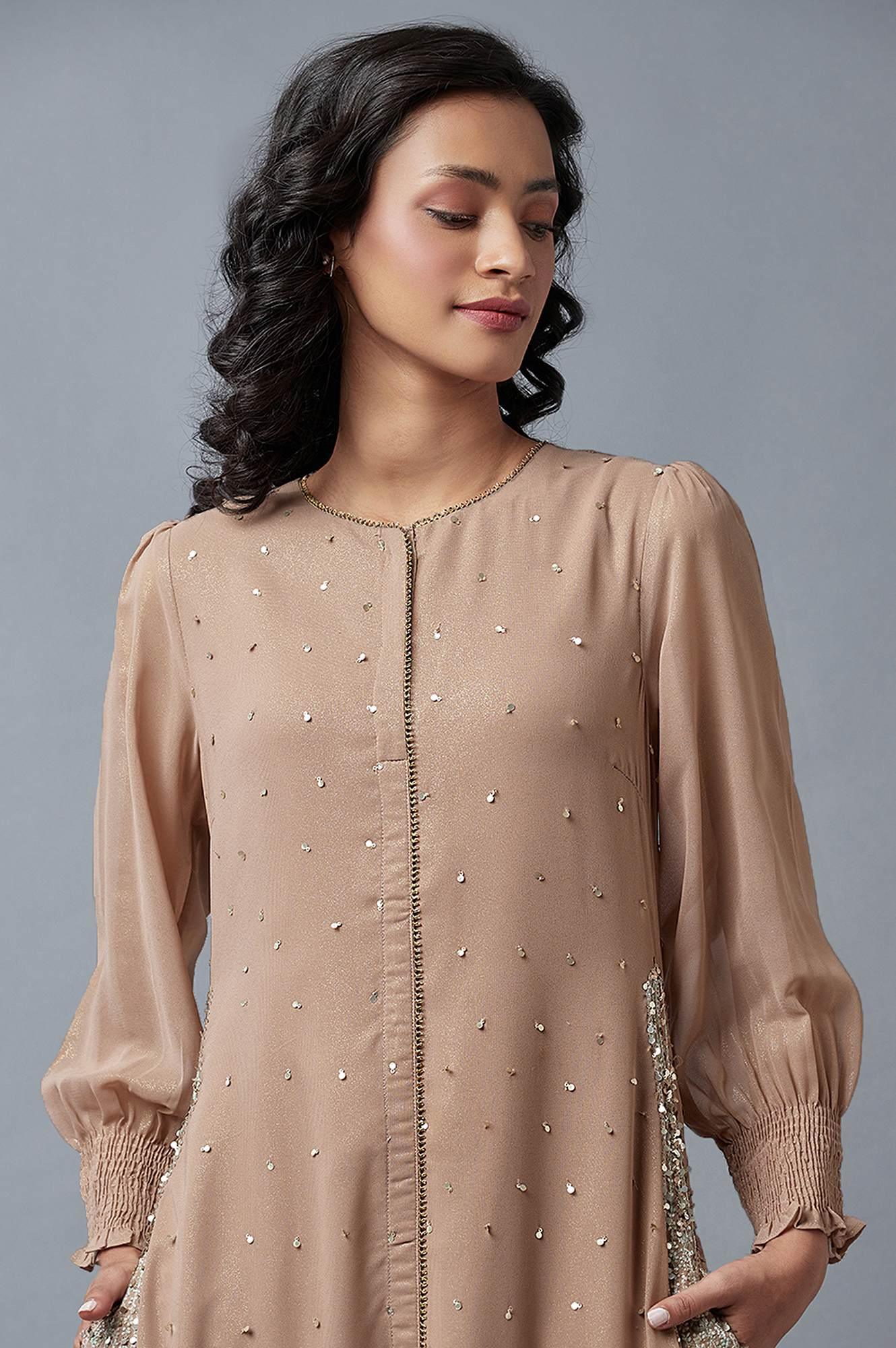 Pink Tiered Round Neck Dress With Metallic Embroidery - Image 5