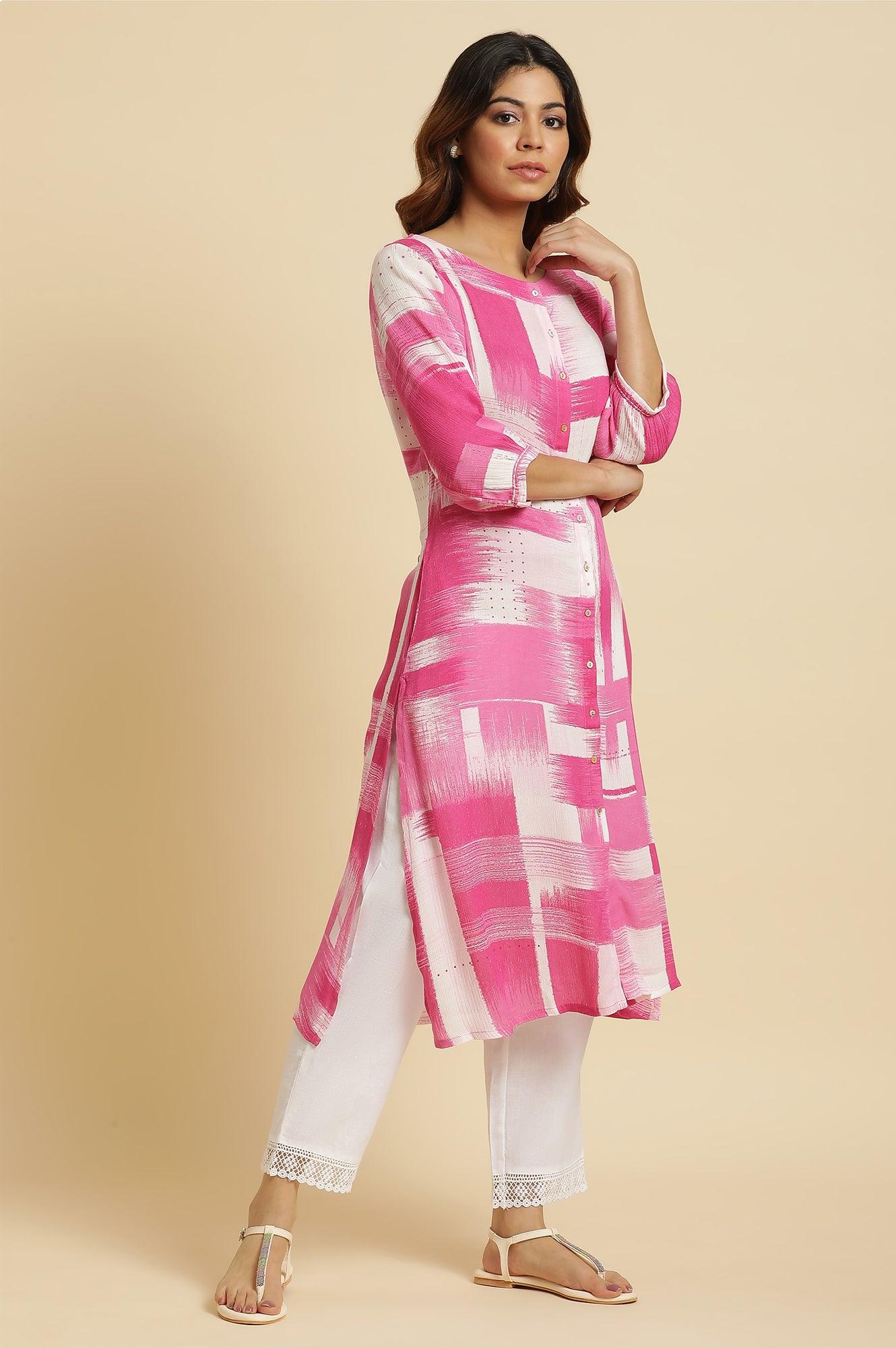 Pink & White Abstract Print Kurta - Image 5