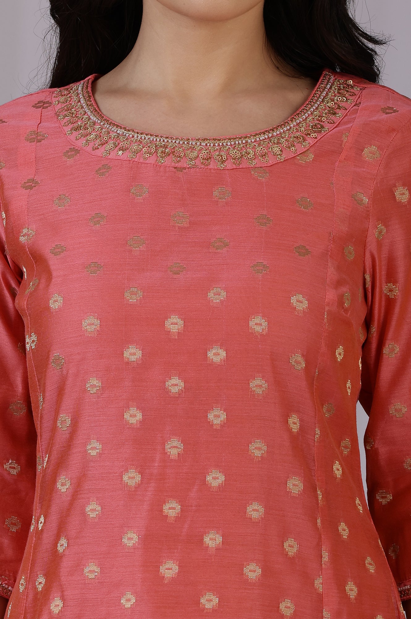 Pink Yarn-Dyed Chanderi Straight Kurta with Embroidered Neck - Image 4